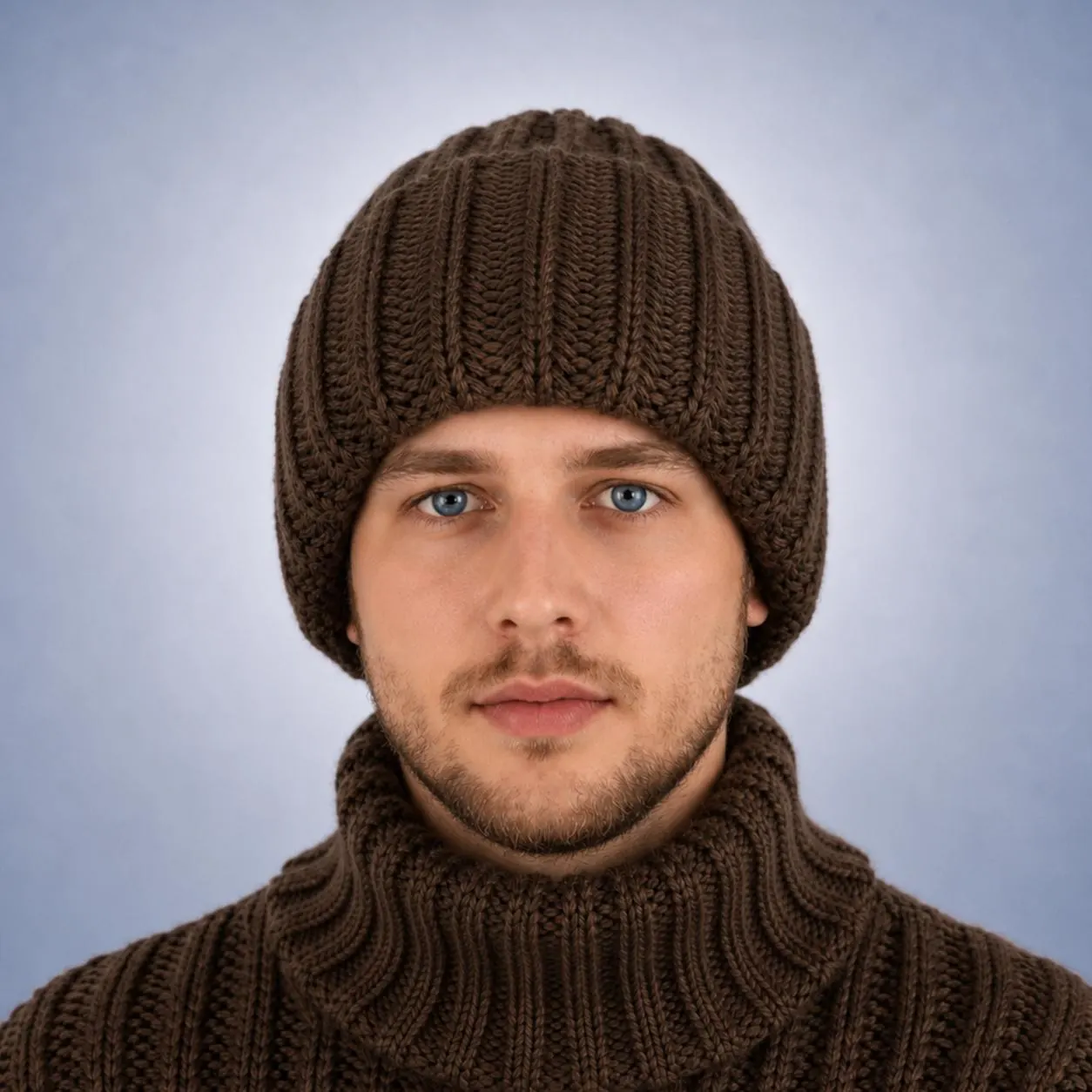 Close-up profile of a man showing an alternative way to wear a slouchy beanie by making a wide fold. The dark brown knit hat and matching turtleneck sweater create a coordinated winter look.