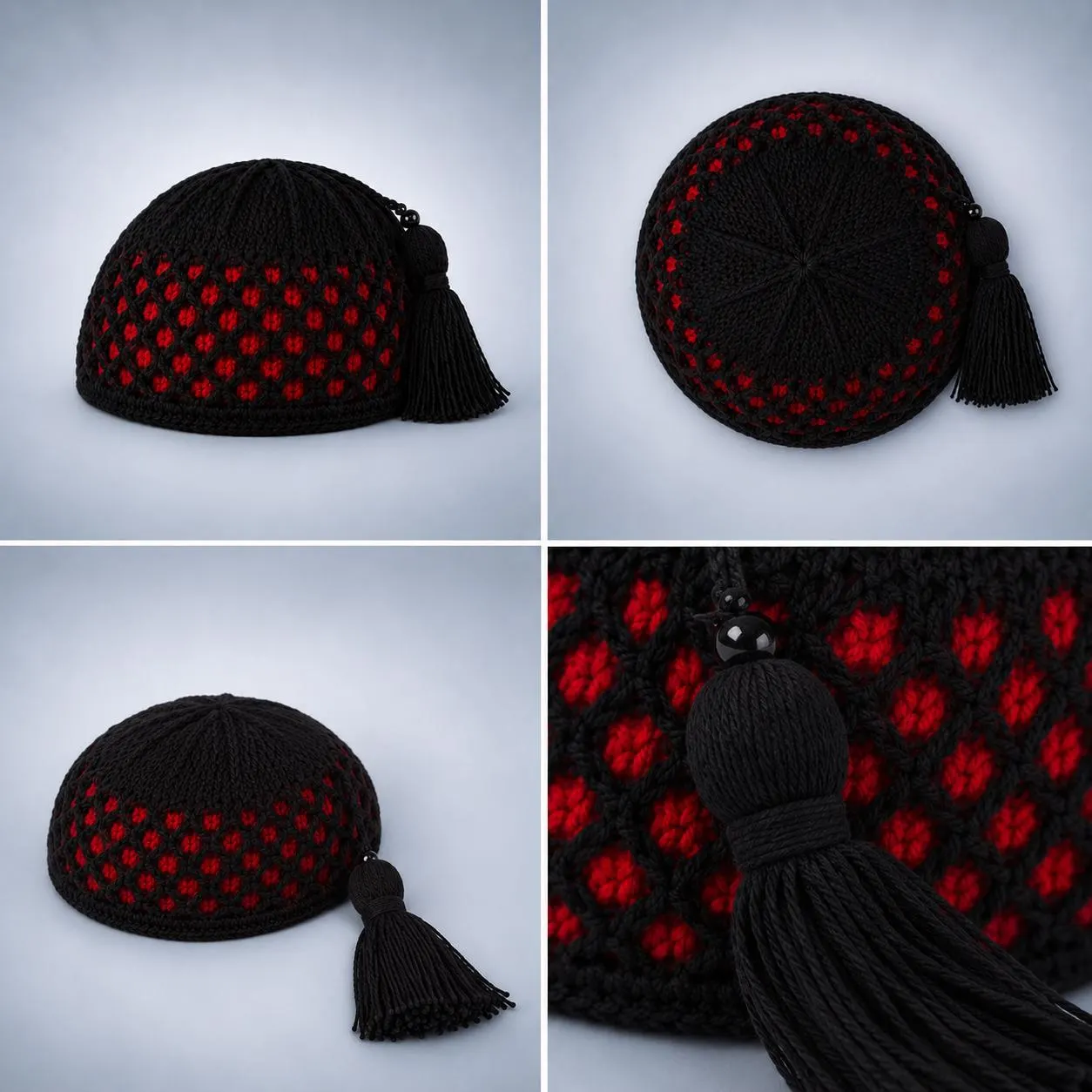 Product review collage showing the round crown design, flat-lay view, and durable yarn quality of the red and black tassel kufi.