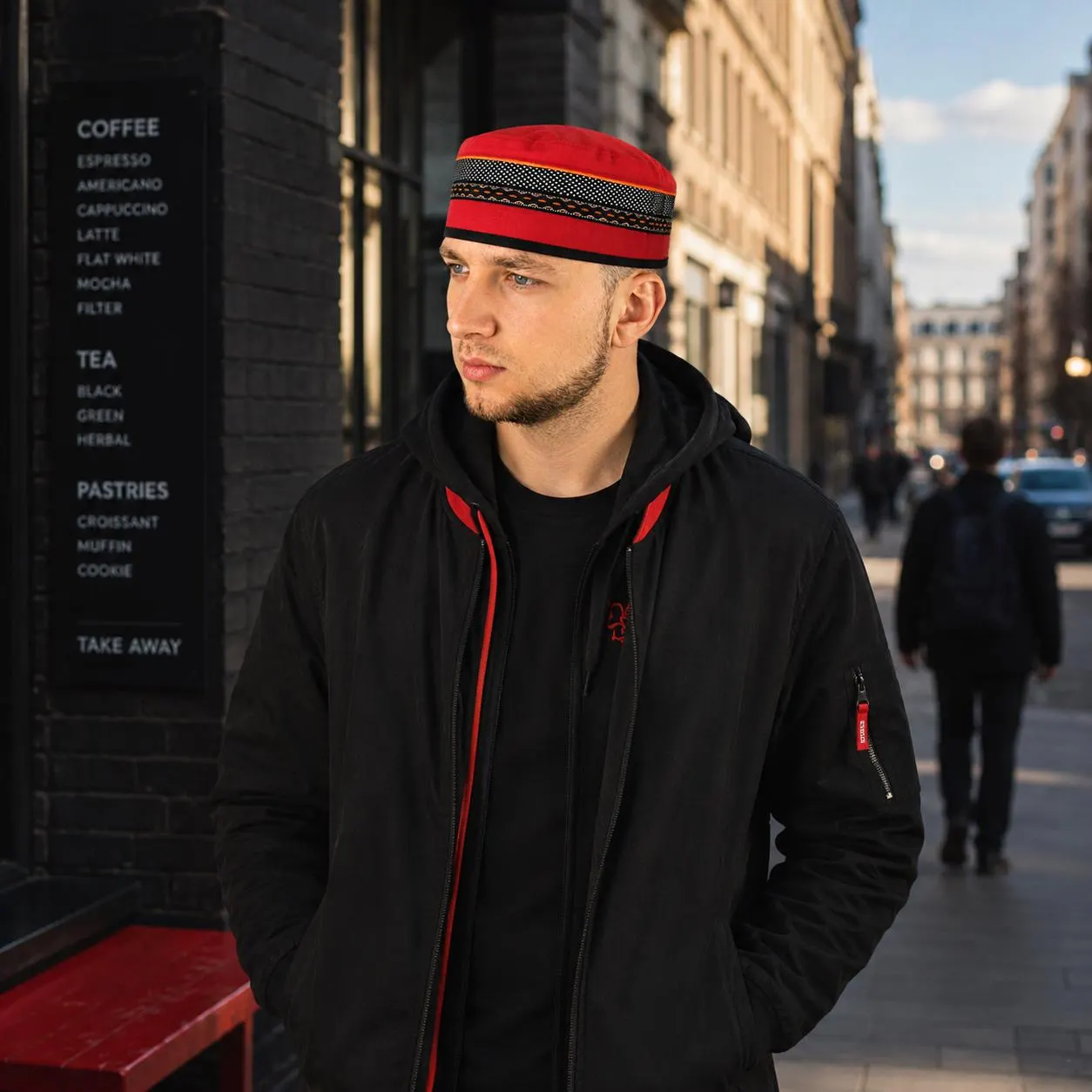 A man in a modern black jacket wearing a red and black embroidered Omani-style kufi cap, walking on an urban street.