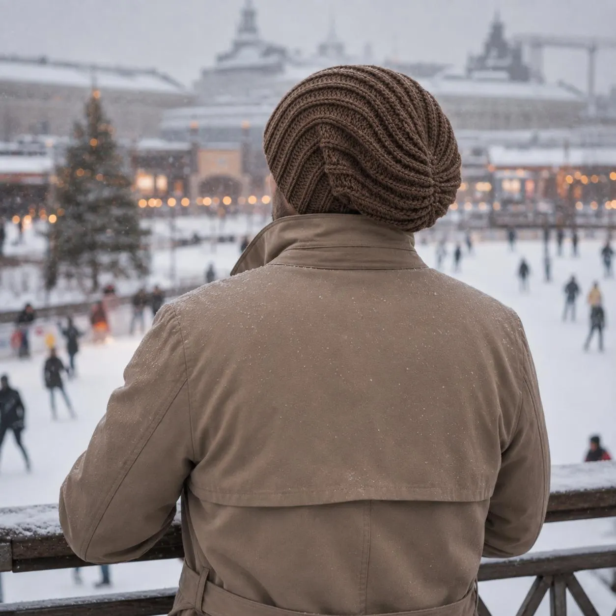 Back view of brown oversized alpaca wool beanie showing the elongated chunky knit shape