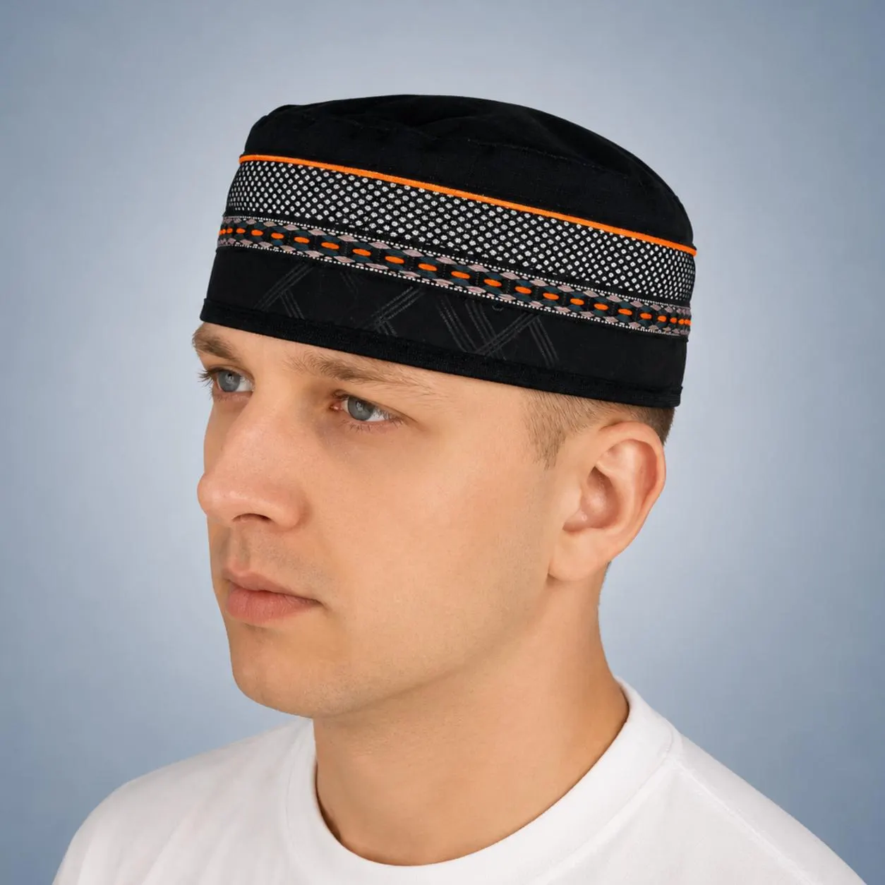 Kufi linen embroidered: Adjustable summer Muslim cap,  Omeni style Islamic prayer hat, Eid & Ramadan gift for men - image 2