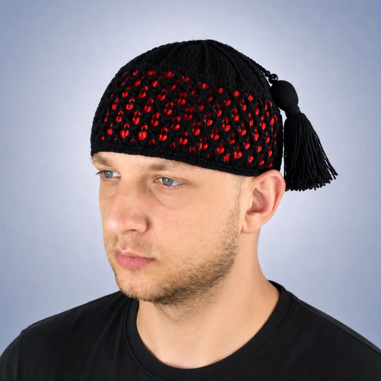 Crochet tassel kufi hat for men Textured Islamic beanie Muslim prayer cap Eid, Ramadan gift for him