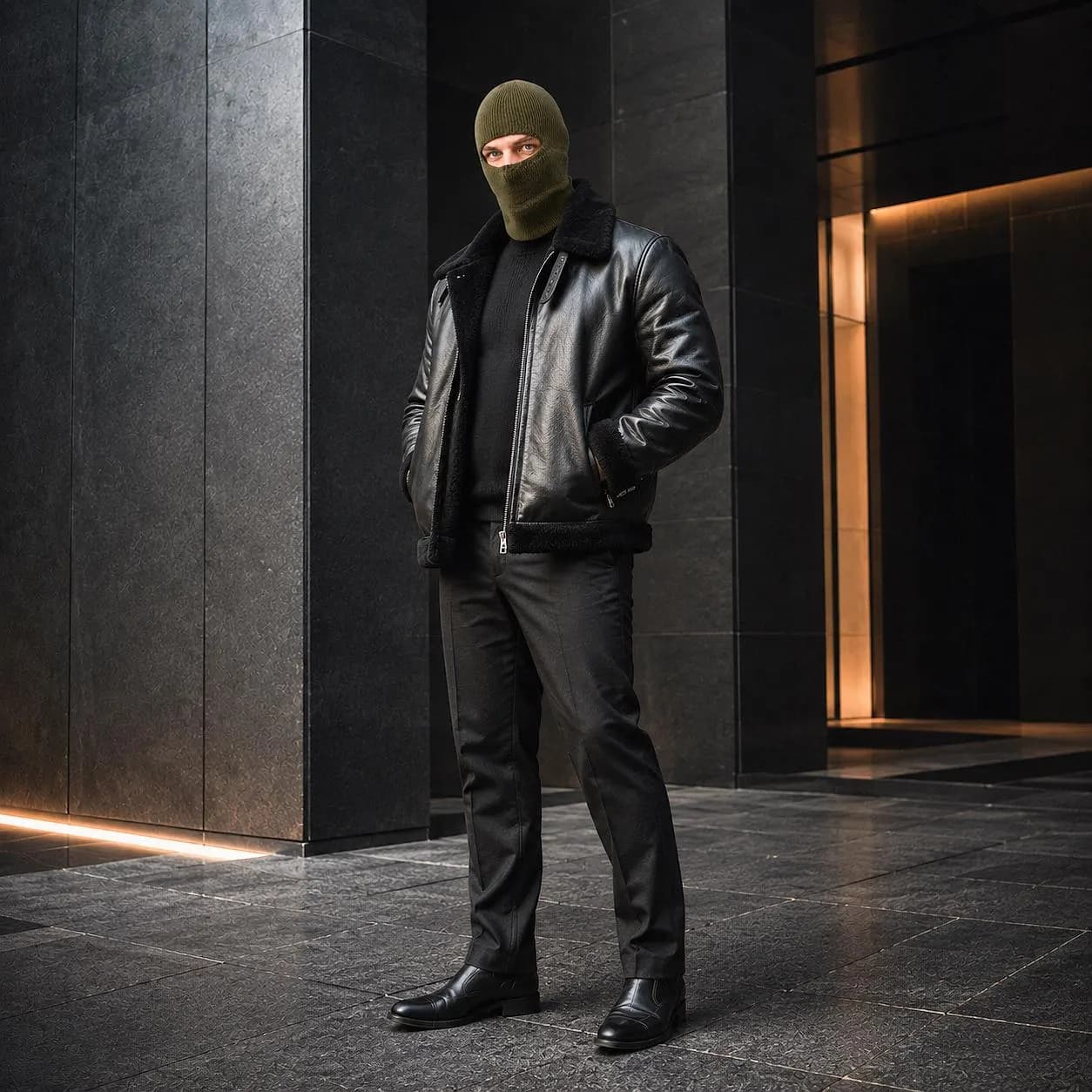 Man wearing a dark olive knitted balaclava with a black leather jacket in a winter setting