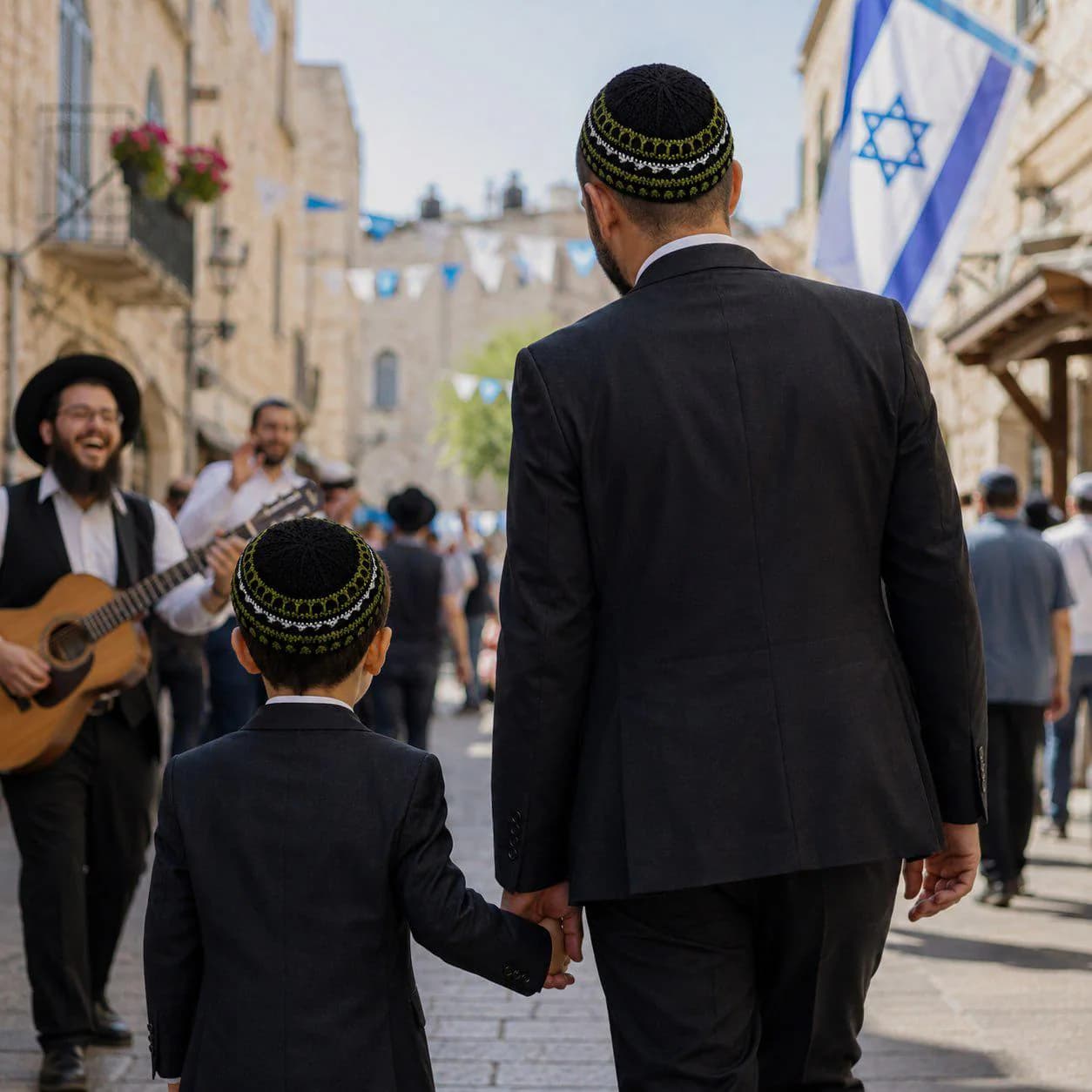 Father and son wearing matching kippahs while walking together outdoors