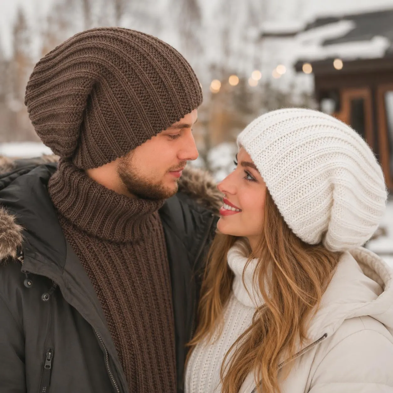 Couple wearing matching winter color styles featuring the oversized alpaca wool beanie
