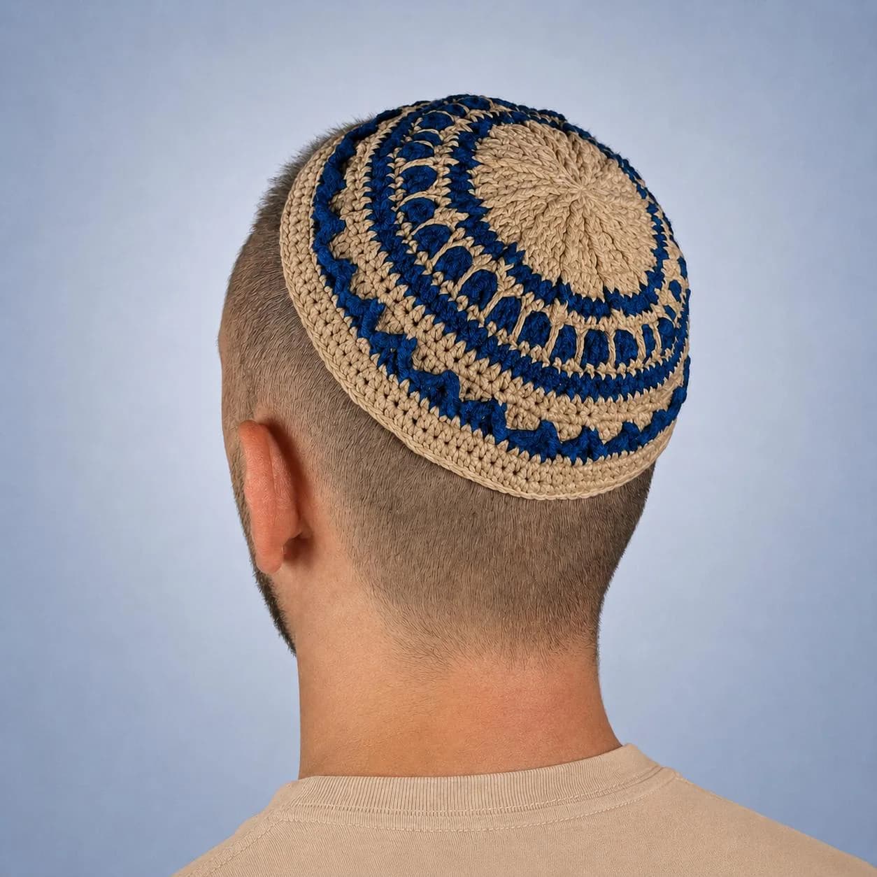Bukharian kippah beige with navy accents | Custom XL yarmulke | Gift for jewish men