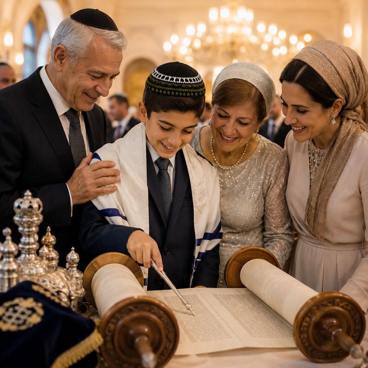 Family celebrating together with father and son wearing matching black and olive kippahs