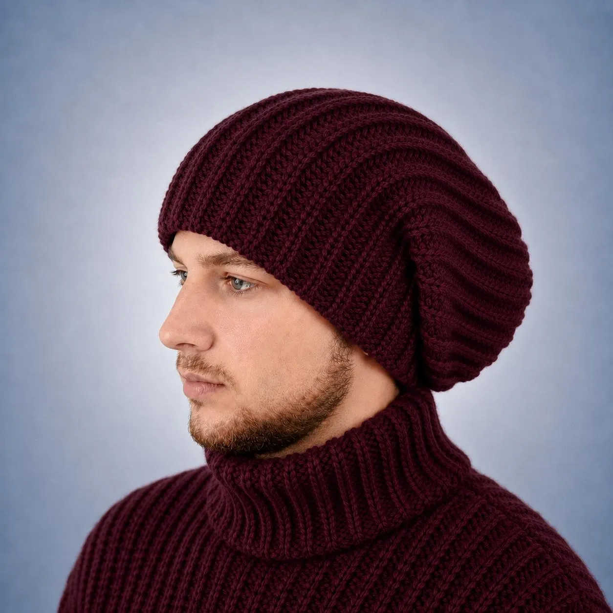 Burgundy version shown as a color option of the oversized alpaca wool beanie for men