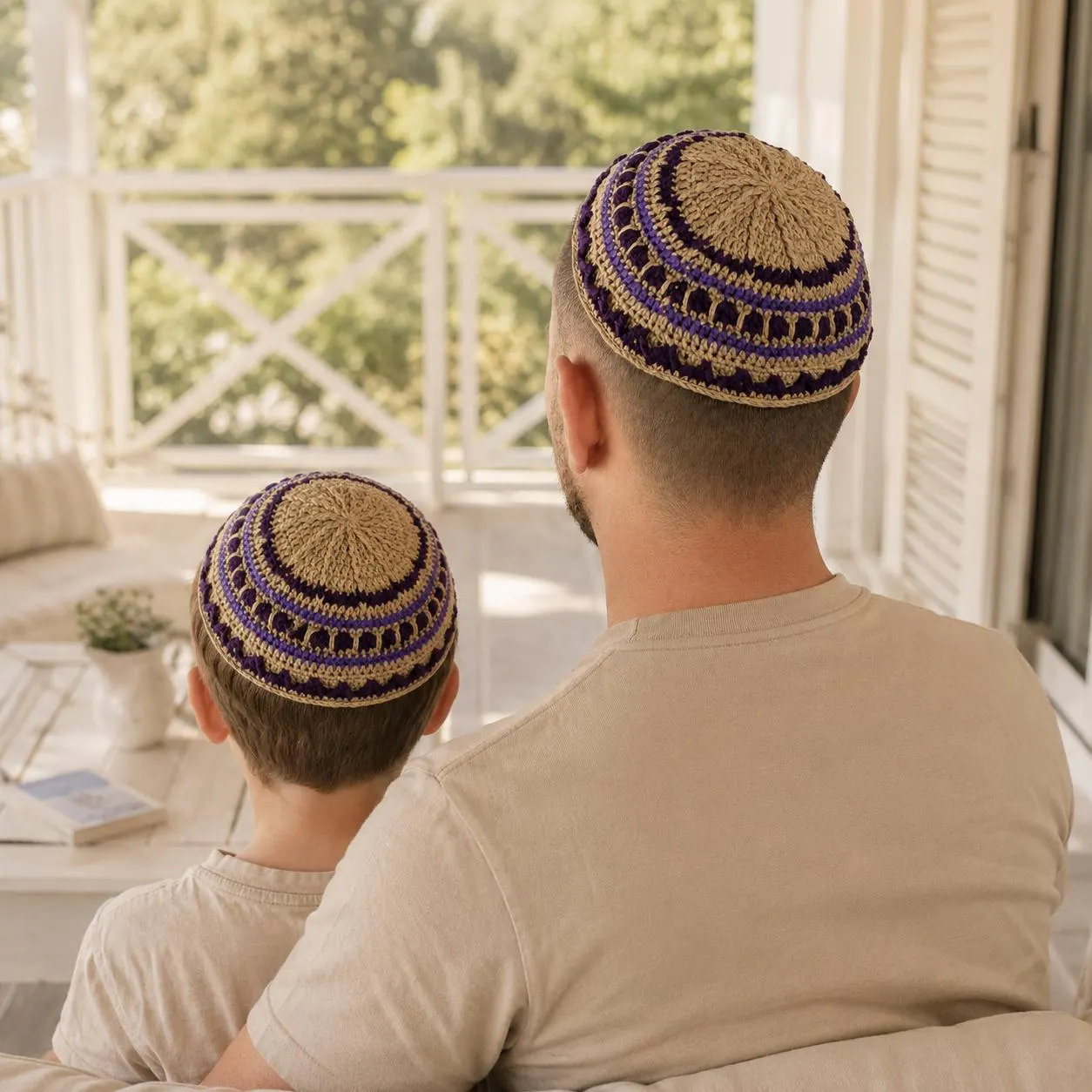 Bukharian kippah beige with navy accents | Custom XL yarmulke | Gift for jewish men - image 5