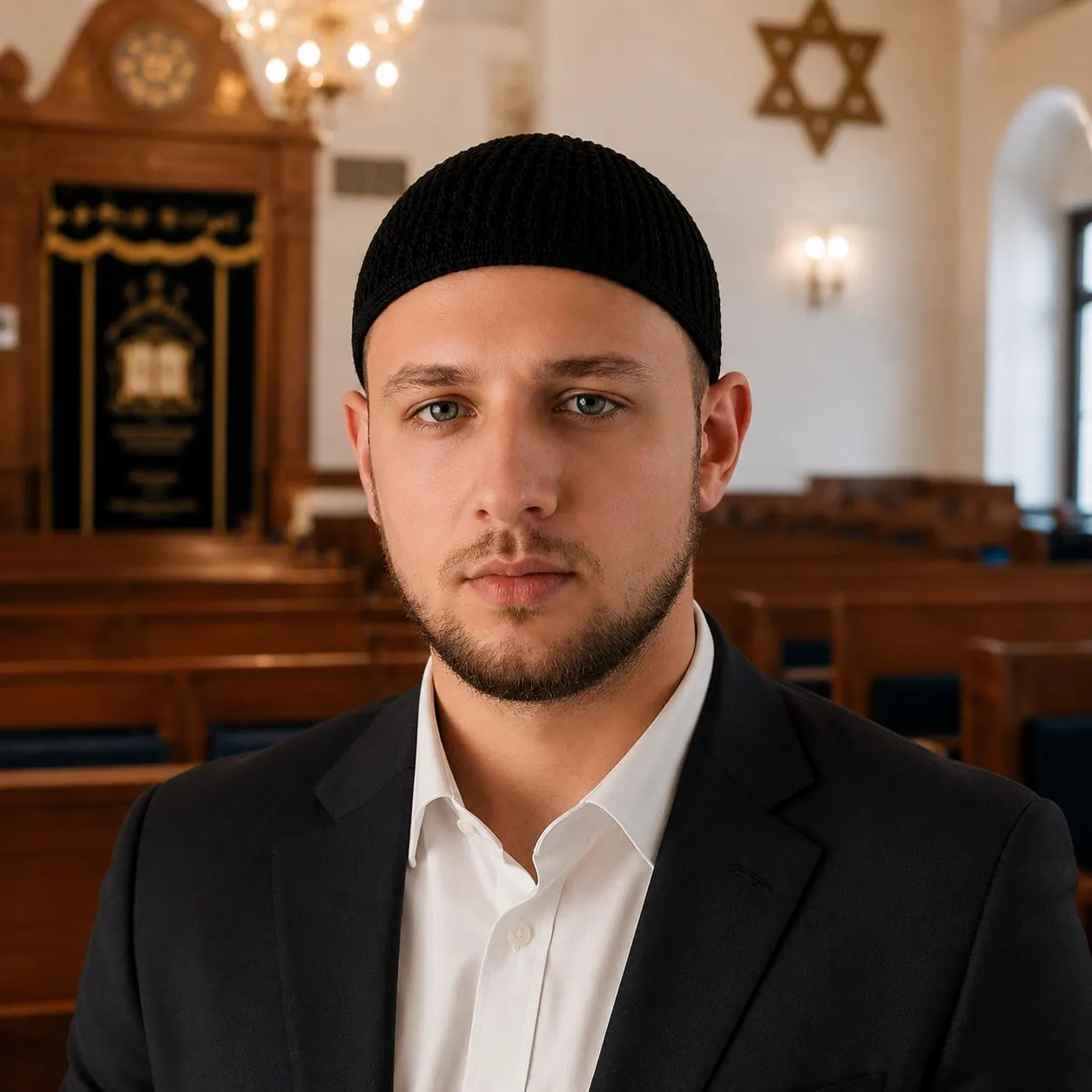 A close-up portrait of a young man with a beard and light eyes, wearing a black knit yarmulke (kippah), a white collared shirt, and a black suit jacket, sitting inside a synagogue with rows of wooden pews, a Torah ark, and a Star of David visible in the softly blurred background.
