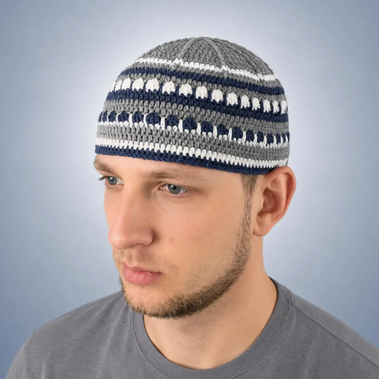 Gray tones crochet beanie for men. Perfect gift for musician