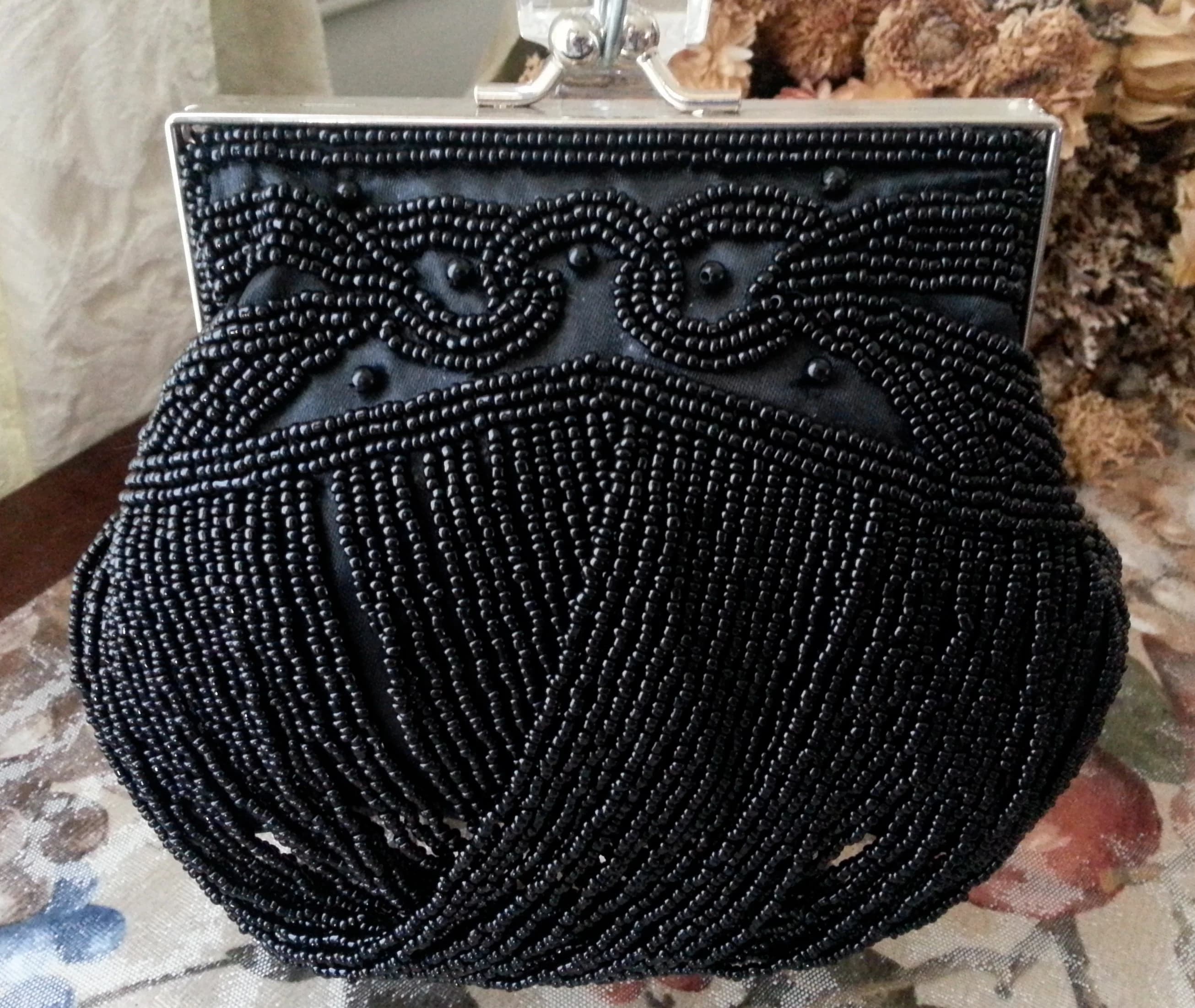 Dangling Beaded Round Evening Clutch Purse with Metal Clasp and Chain Inside - image 4