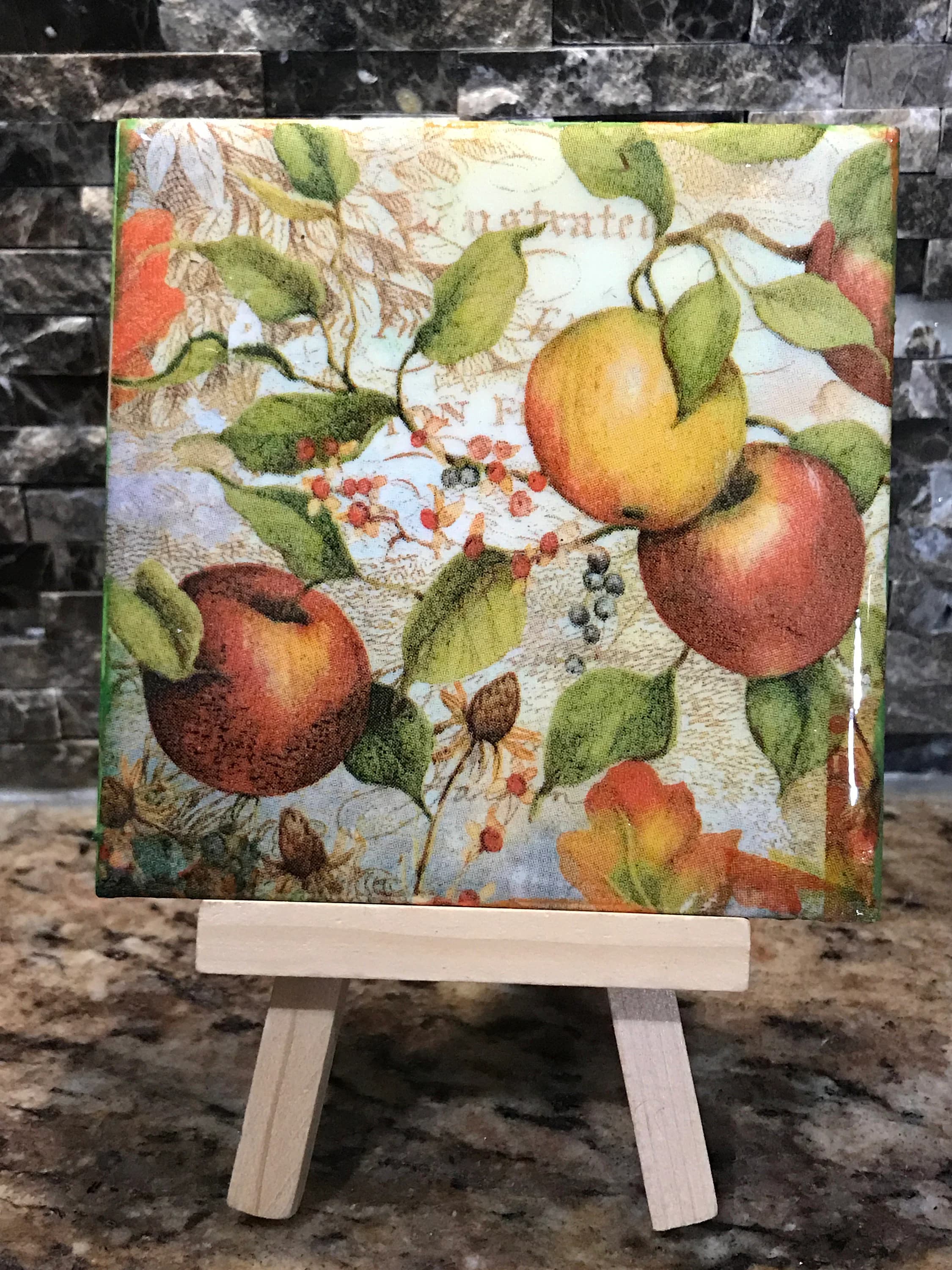 Apple Tree Harvest Fall Themed Resin Coated Ceramic Coasters Set of 4 Multi Colored Scratch and Water Resistant Cork Backed - image 3