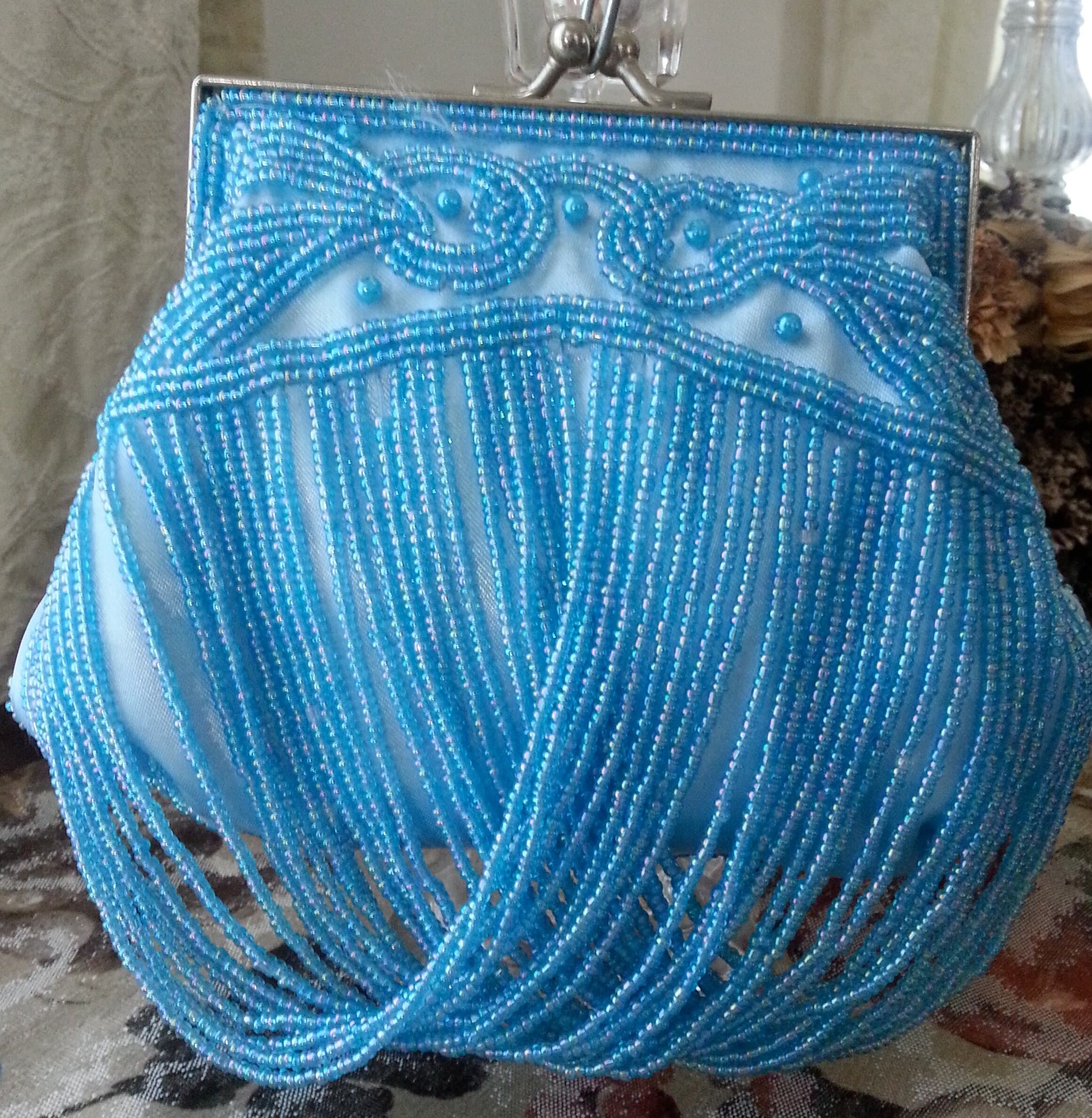 Dangling Beaded Round Evening Clutch Purse with Metal Clasp and Chain Inside - image 3