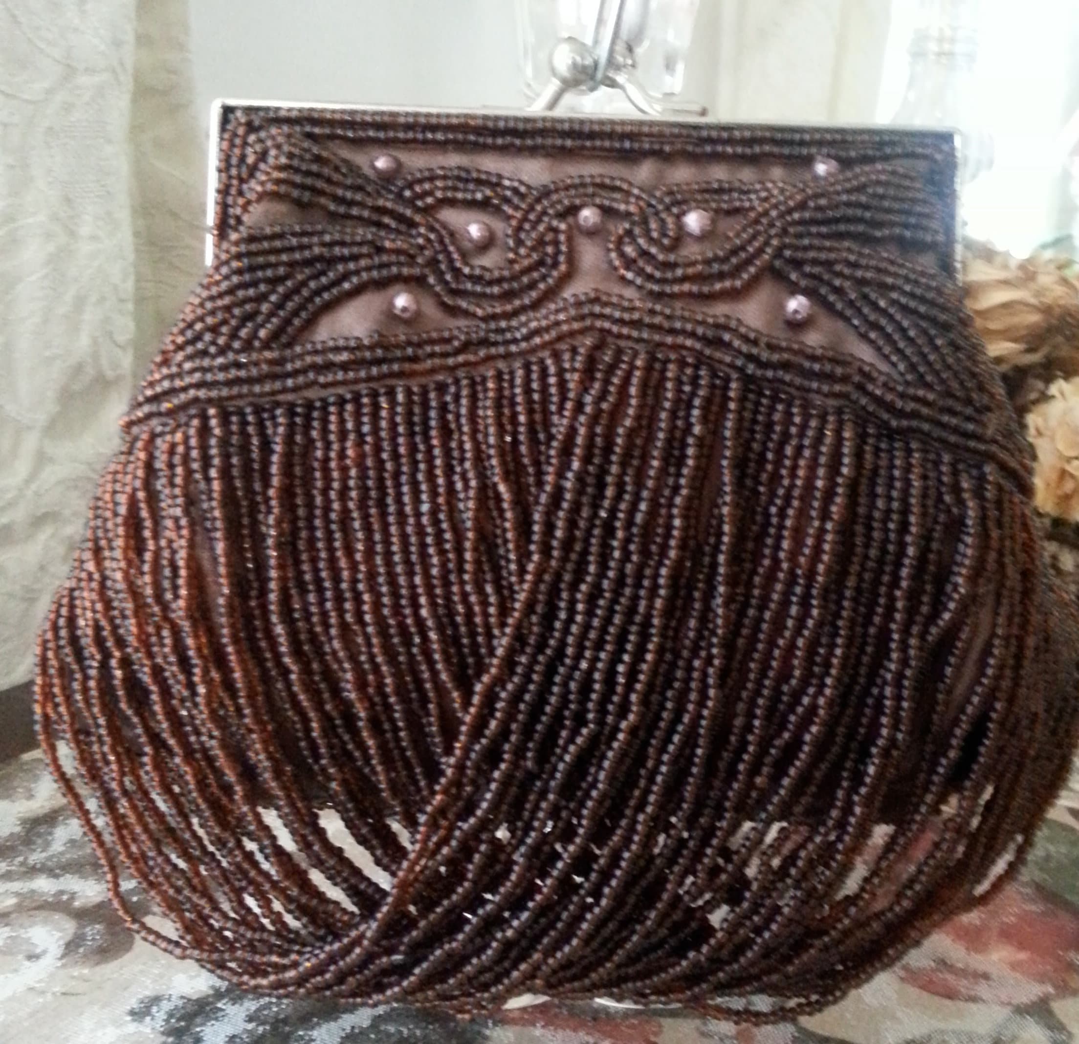 Dangling Beaded Round Evening Clutch Purse with Metal Clasp and Chain Inside - image 5