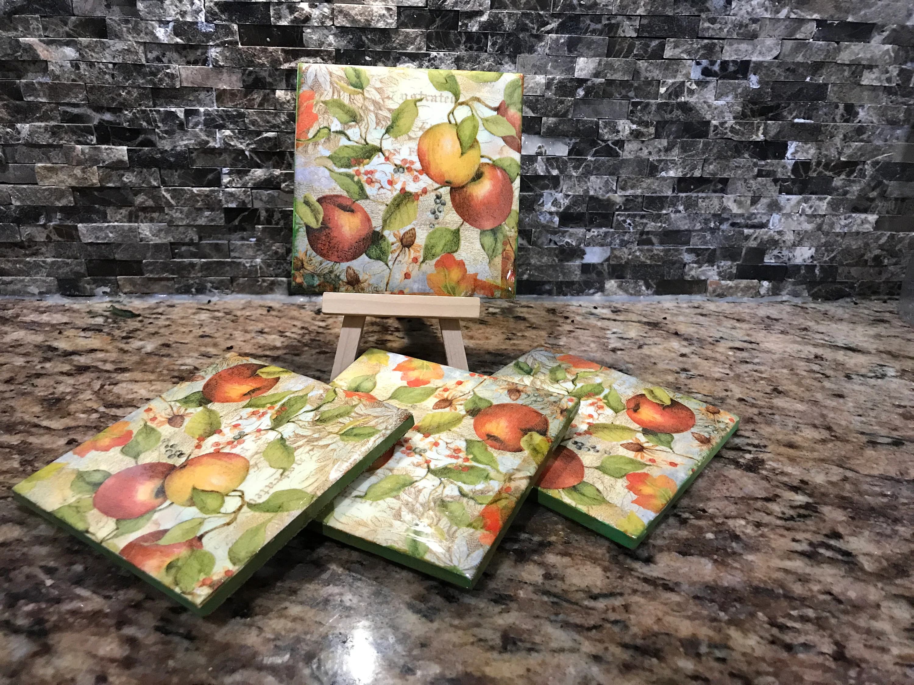Apple Tree Harvest Fall Themed Resin Coated Ceramic Coasters Set of 4 Multi Colored Scratch and Water Resistant Cork Backed