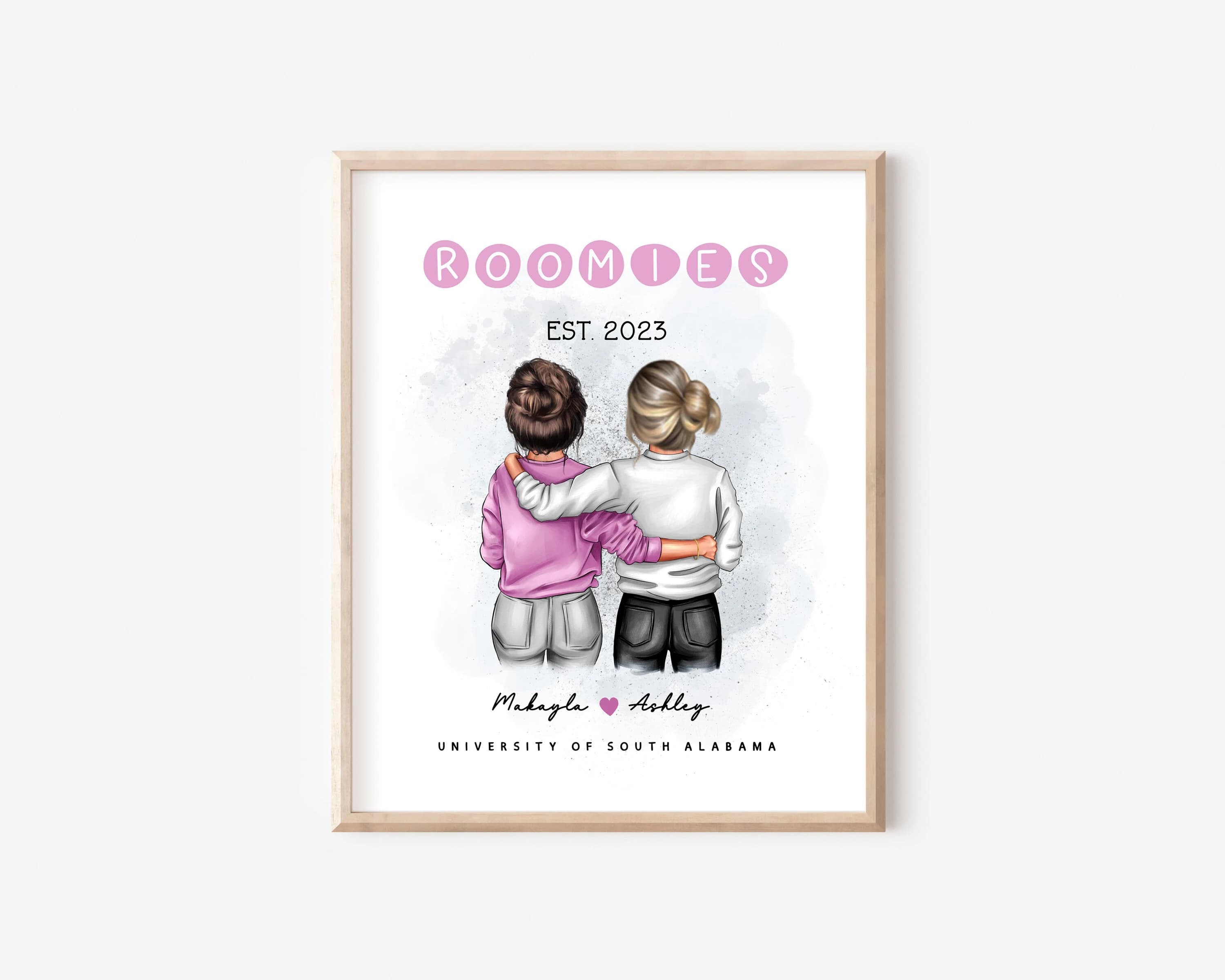 Personalized Roommates Illustration Print, Best Friend Dorm Decor (Digital Download)
