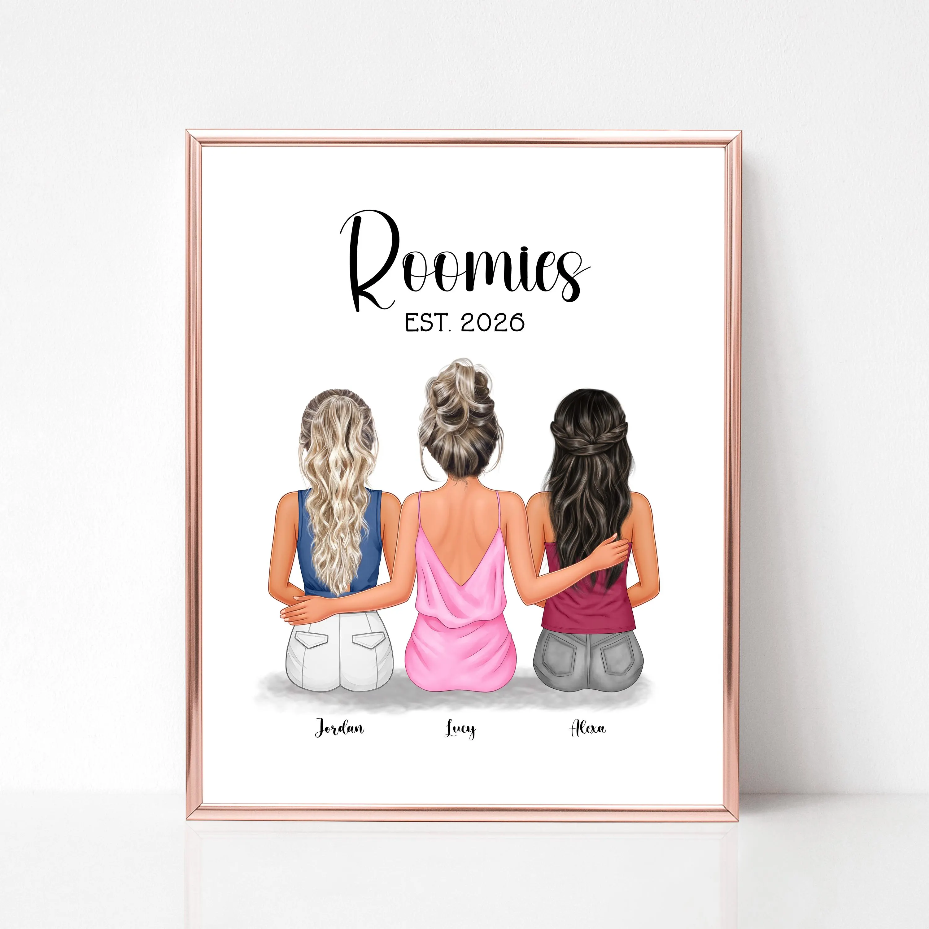 Personalized 3 Roommates Print, Roomies Dorm Decor, College Roommate Gift (Digital Print)
