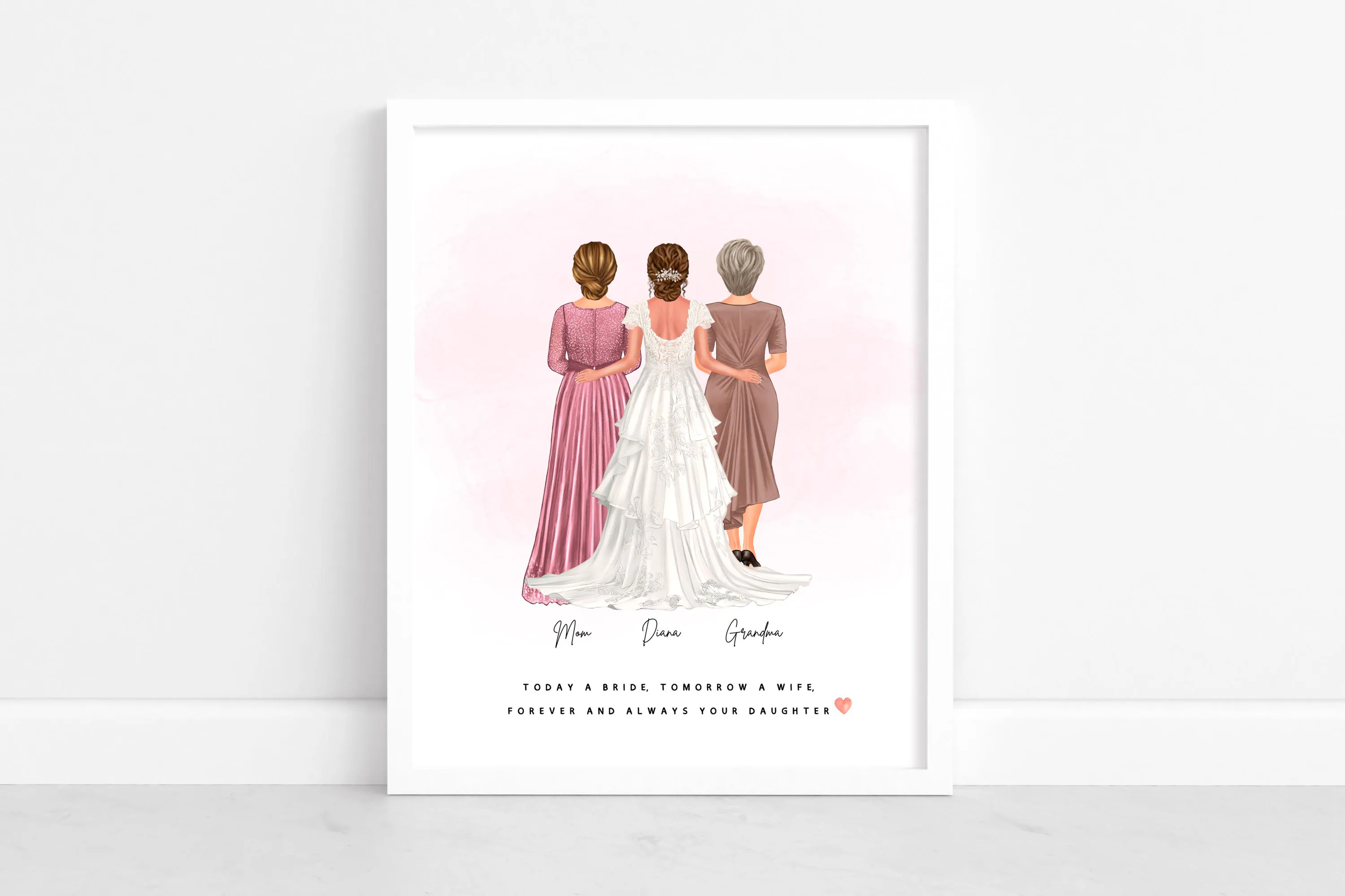 Wedding Memorial Personalised Portrait, 3 Generations Custom Illustration, Bride Mother Grandma Mom Granny of the Bride Art (Digital Print)