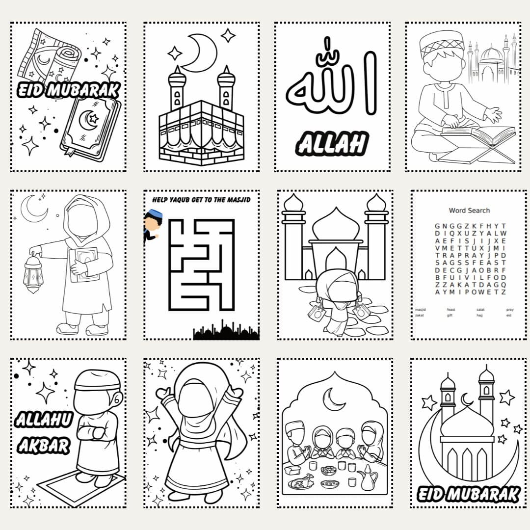 Eid Mubarak Coloring Page Set Instant Download, Kids Camp Coloring Pages, Eid Gift, Eid Activities, Muslim Kids Coloring Pages - image 2