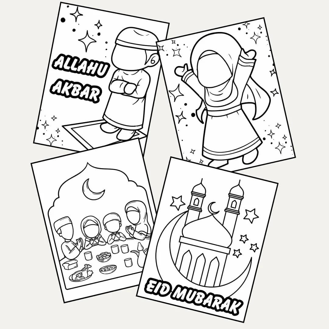 Eid Mubarak Coloring Page Set Instant Download, Kids Camp Coloring Pages, Eid Gift, Eid Activities, Muslim Kids Coloring Pages - image 5