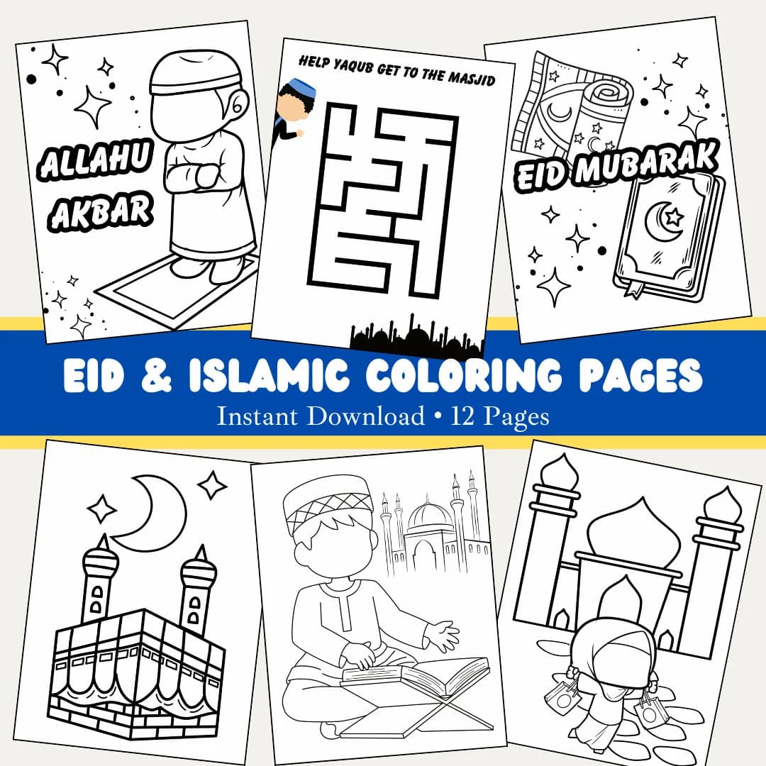 Eid Mubarak Coloring Page Set Instant Download, Kids Camp Coloring Pages, Eid Gift, Eid Activities, Muslim Kids Coloring Pages