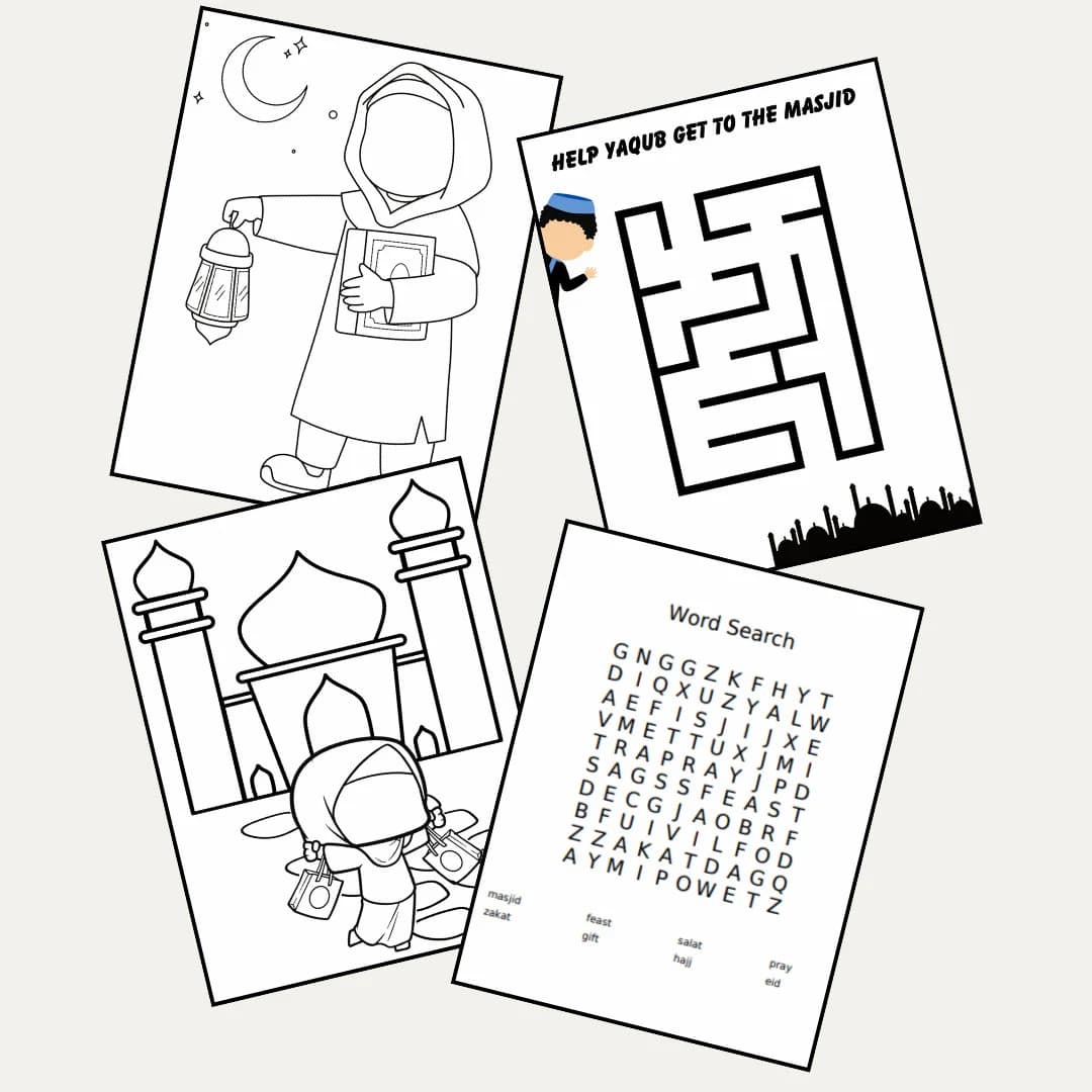 Eid Mubarak Coloring Page Set Instant Download, Kids Camp Coloring Pages, Eid Gift, Eid Activities, Muslim Kids Coloring Pages - image 3