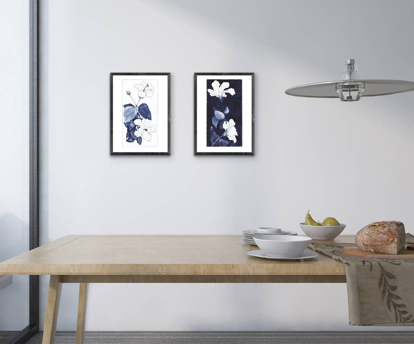 Botanic art, Hibiscus, flowers, branch, leaves, Blue. Etching, aqua forte, printmaking. 2 Art prints A4. 21x30 cm, Fine art quality paper - image 4