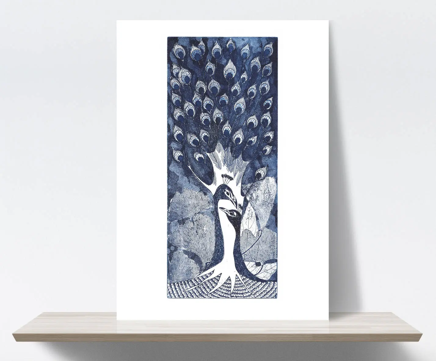 Peacock, Tree, Couple, Plumage, Feathers, Indigo, Blue. Etching, aqua forte, printmaking. Art print A4. 21x30 cm, Fine art quality paper