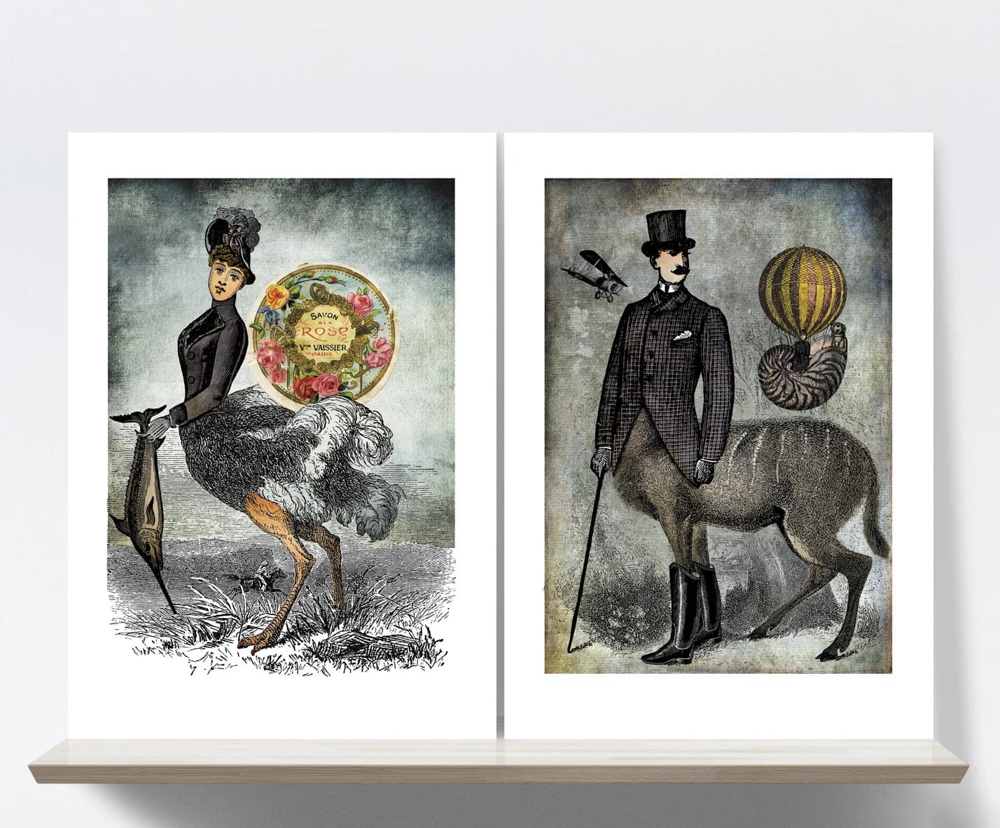 Woman, Ostrich, Rose, Soap, Man, Stag, Ballooning, Mythology, Love. Collage, Etching. 2 Art prints A4, illustration 21x30 cm, Fine art paper