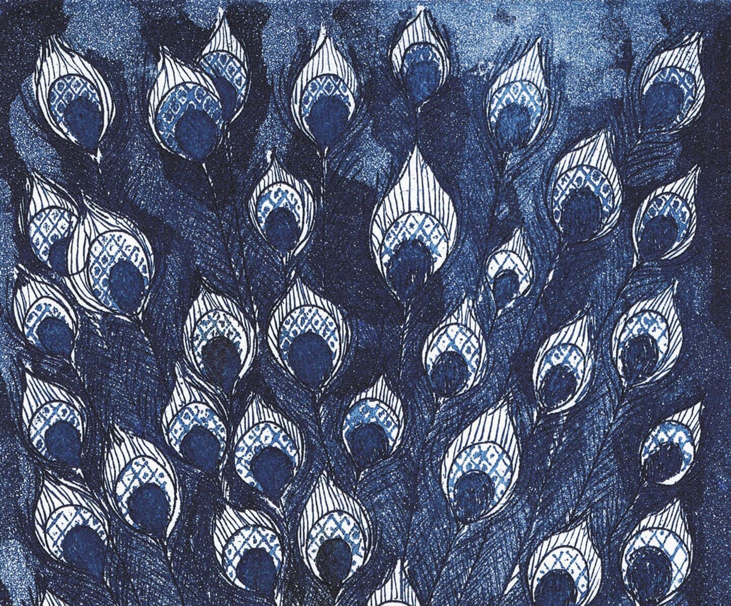 Peacock, Tree, Couple, Plumage, Feathers, Indigo, Blue. Etching, aqua forte, printmaking. Art print A4. 21x30 cm, Fine art quality paper - image 5