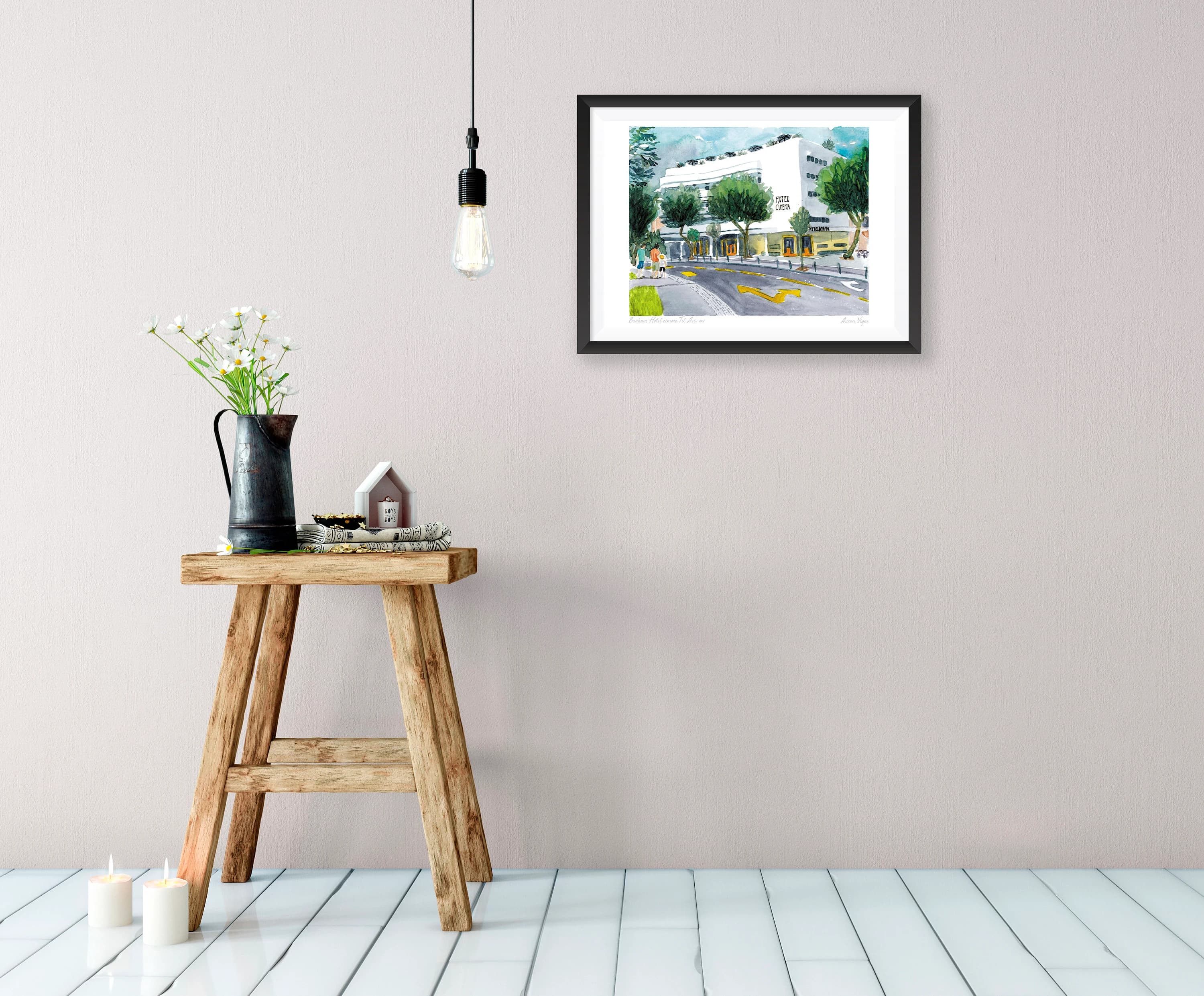 Architecture, Bauhaus, Tel Aviv, Israel, blue, White city, Dizengoff square. Watercolour. Art print, illustration, Fine art quality paper - image 5