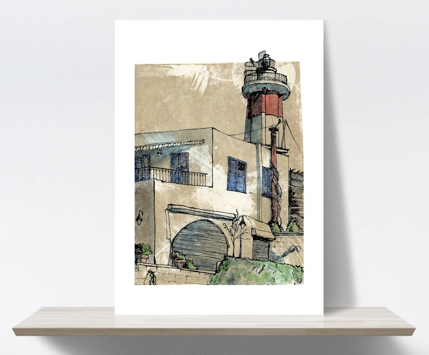 Light house, Port, Yafo, Israel, Jaffa, old city. Ink, Watercolour, Printmaking, Etching. Art print, illustration, Fine art quality paper
