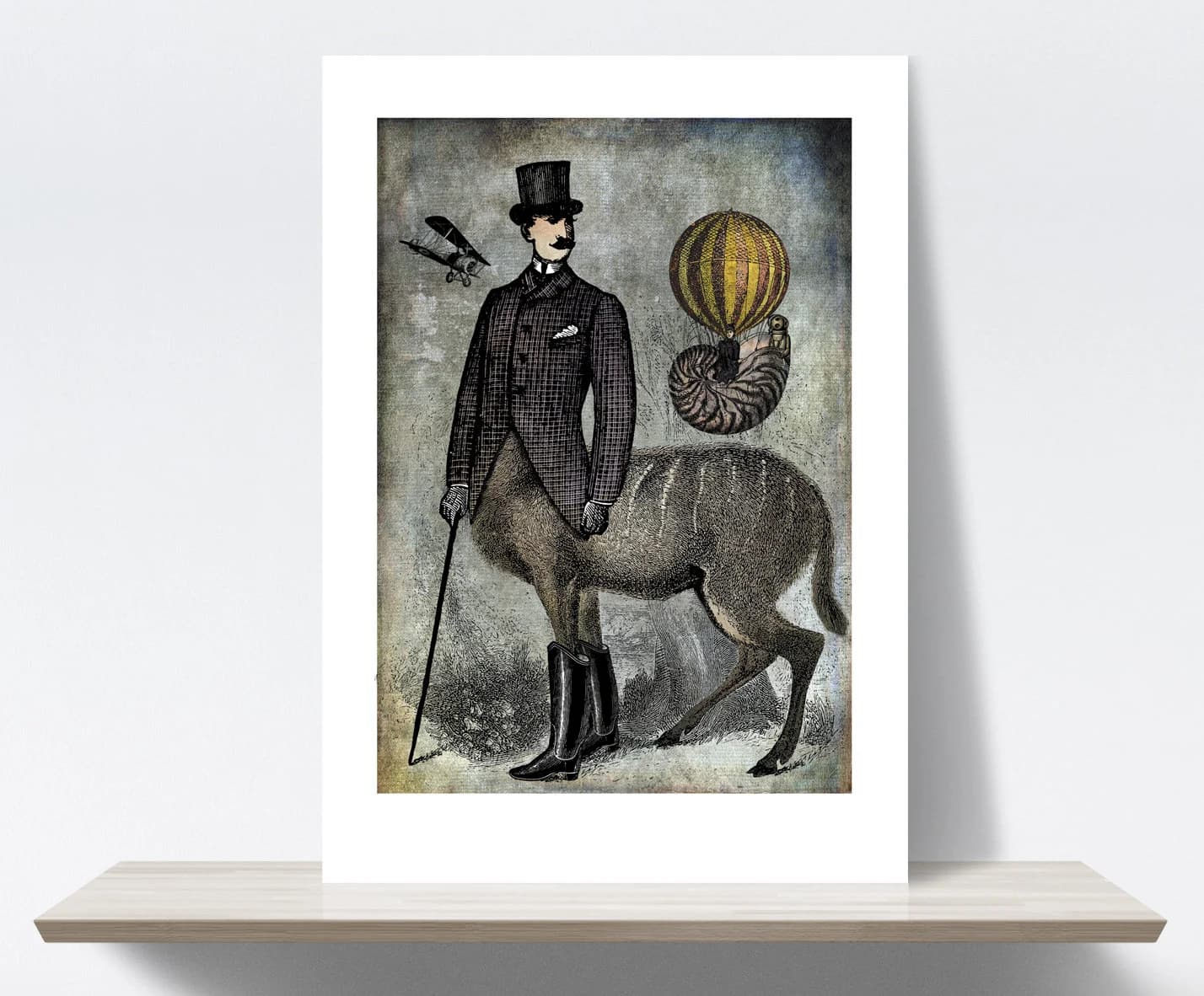 Man, Stag, Ballooning, Metamorphosis, Animal, Mythology. Collage, Etching. Art print A4, illustration. 21x30 cm, Fine art quality paper