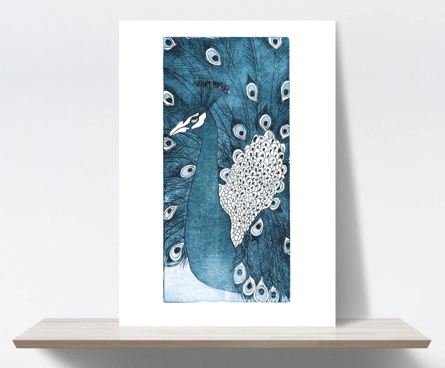 Peacock, Bird, Plumage, Feathers, Blue, Indigo, Blue. Etching, aqua forte, printmaking. Art print A4. 21x30 cm, Fine art quality paper