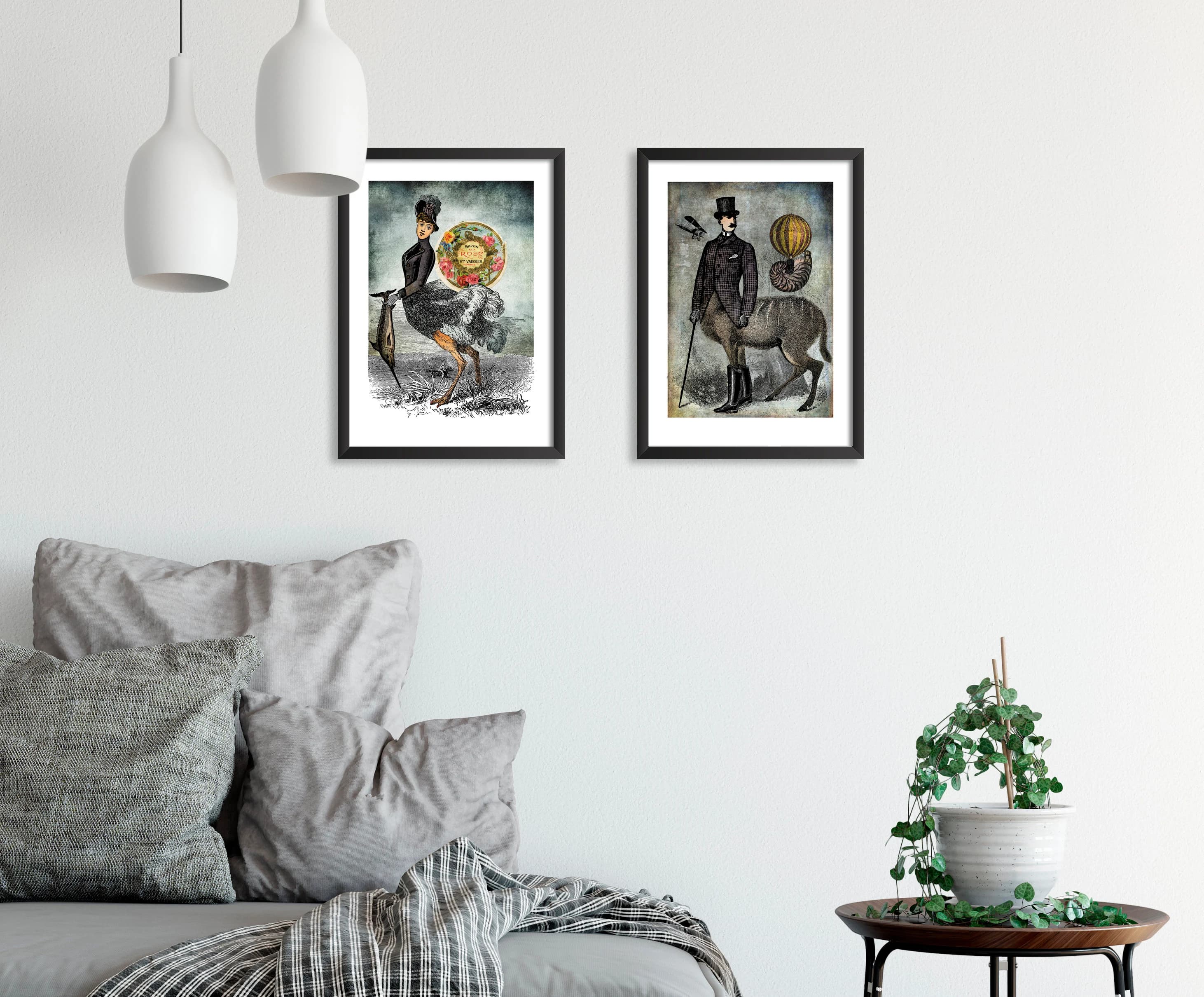 Woman, Ostrich, Rose, Soap, Man, Stag, Ballooning, Mythology, Love. Collage, Etching. 2 Art prints A4, illustration 21x30 cm, Fine art paper - image 4