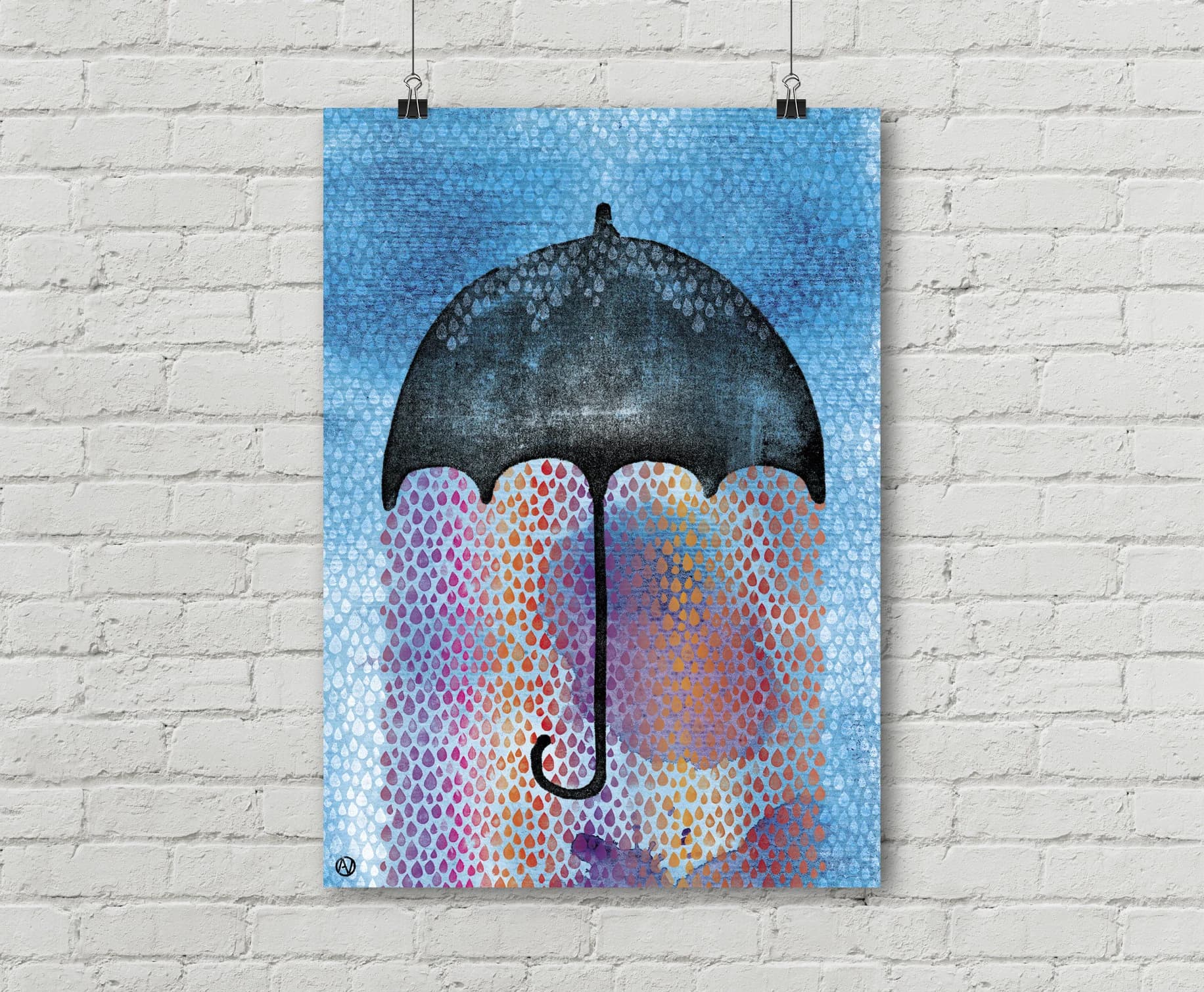 Umbrella, rain, drops, rainbow, sky, blue, black, stamps, watercolour. Art print A4, illustration. 21x30 cm, Fine art museum quality paper