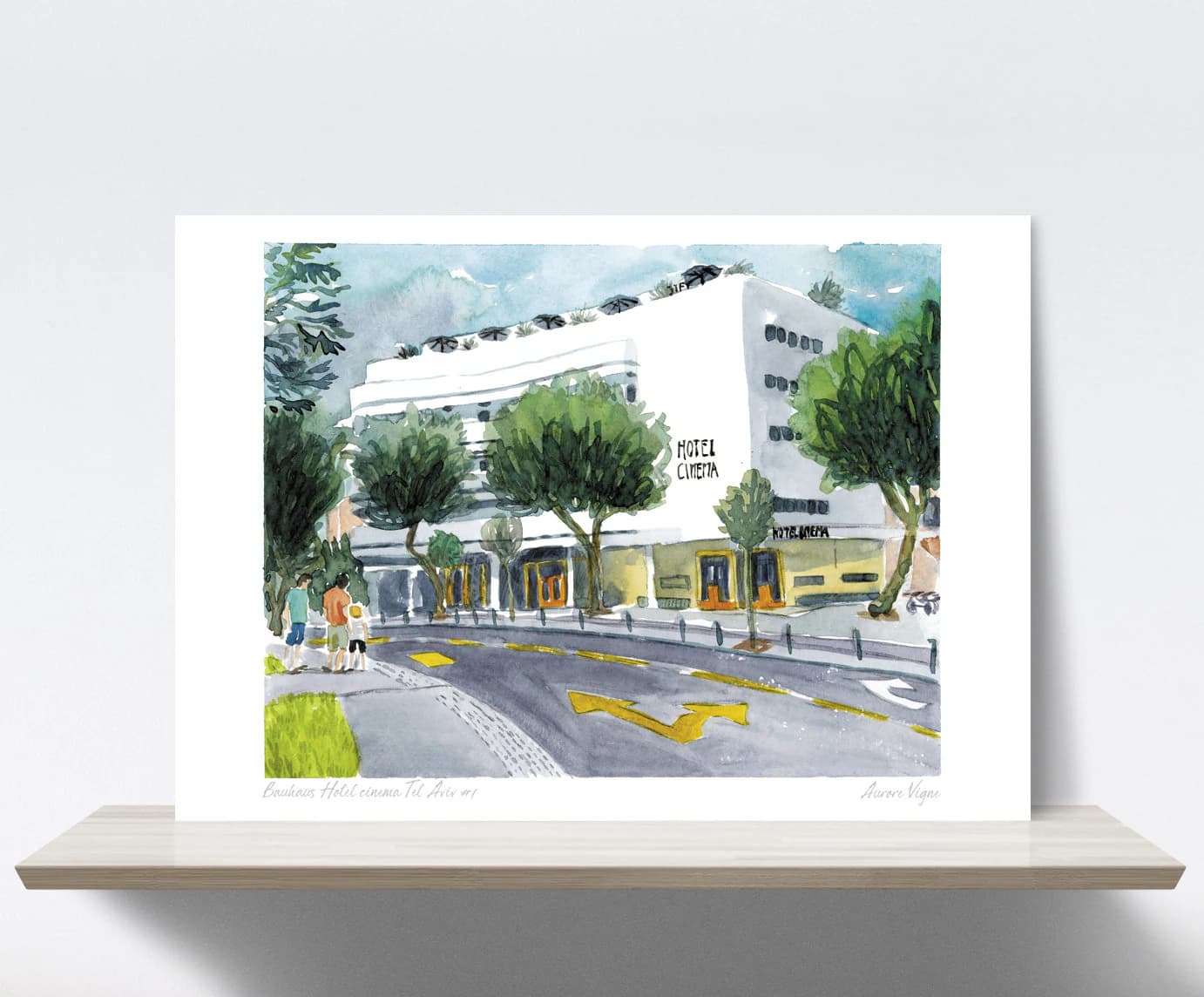 Architecture, Bauhaus, Tel Aviv, Israel, blue, White city, Dizengoff square. Watercolour. Art print, illustration, Fine art quality paper