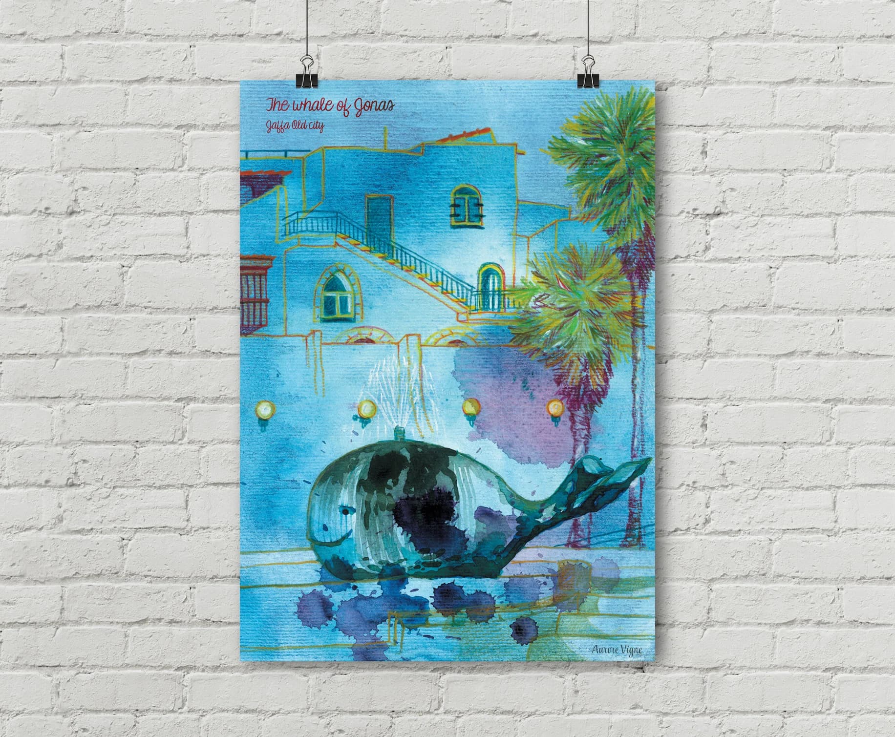 Whale, Jonas, Bible, Jaffa, Yafo, old city, Israel, Fountain, Rempart, Architecture. Watercolour, Pencils. Art print, Poster, illustration