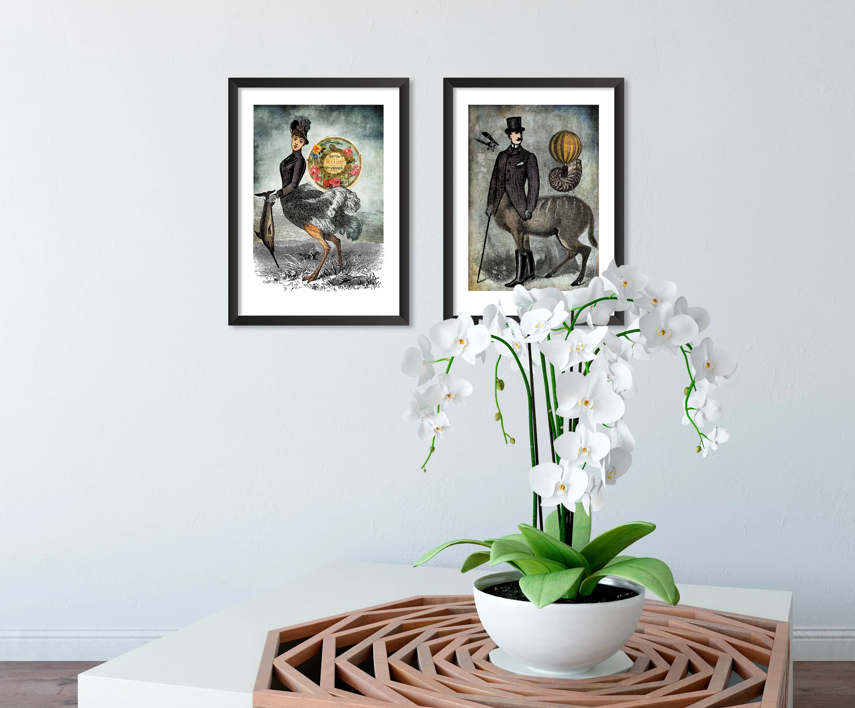 Woman, Ostrich, Rose, Soap, Man, Stag, Ballooning, Mythology, Love. Collage, Etching. 2 Art prints A4, illustration 21x30 cm, Fine art paper - image 3