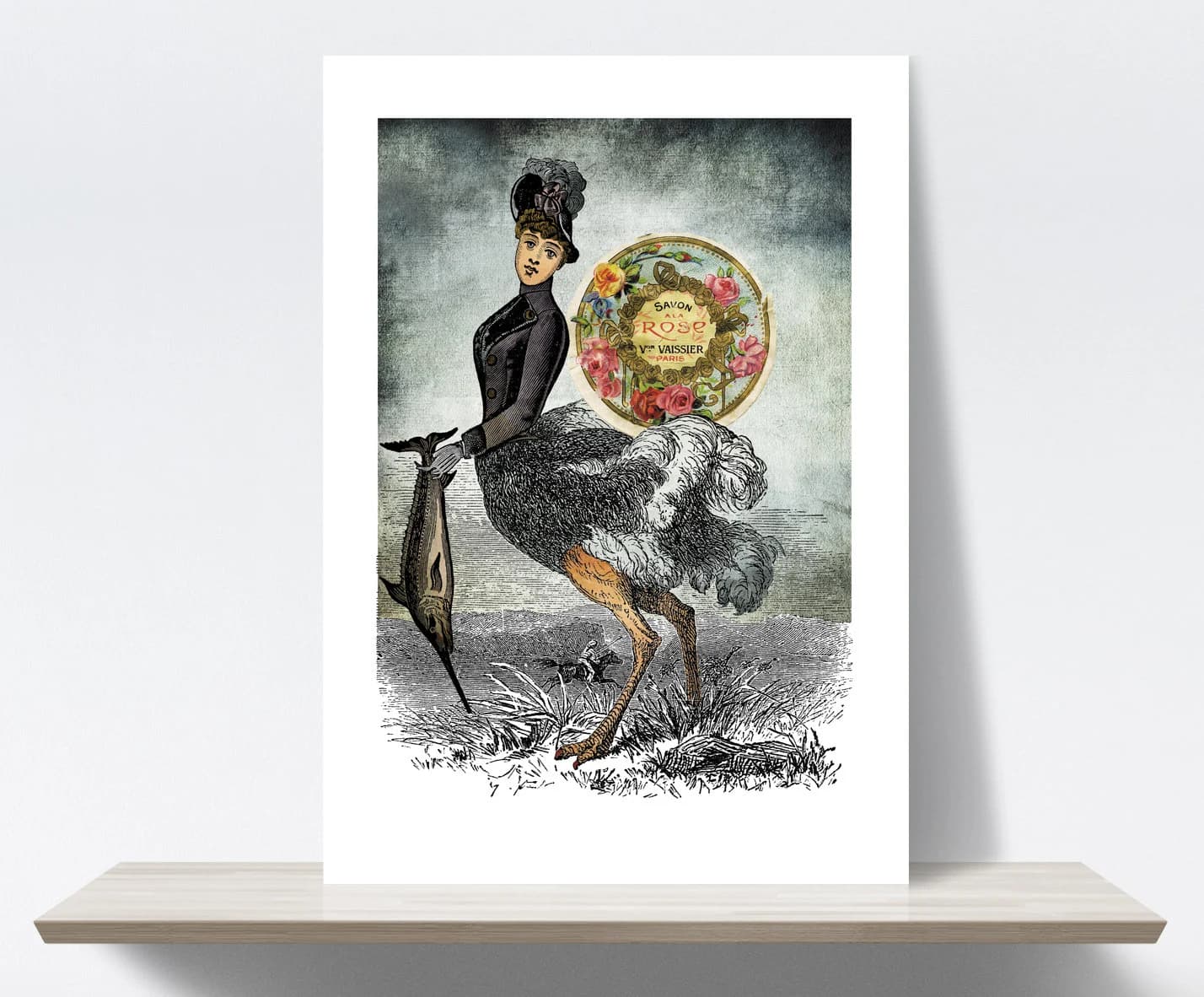 Woman, Ostrich, Rose, Flowers, Metamorphosis, mythology. Collage, Etching. Art print A4, illustration. 21x30 cm, Fine art quality paper