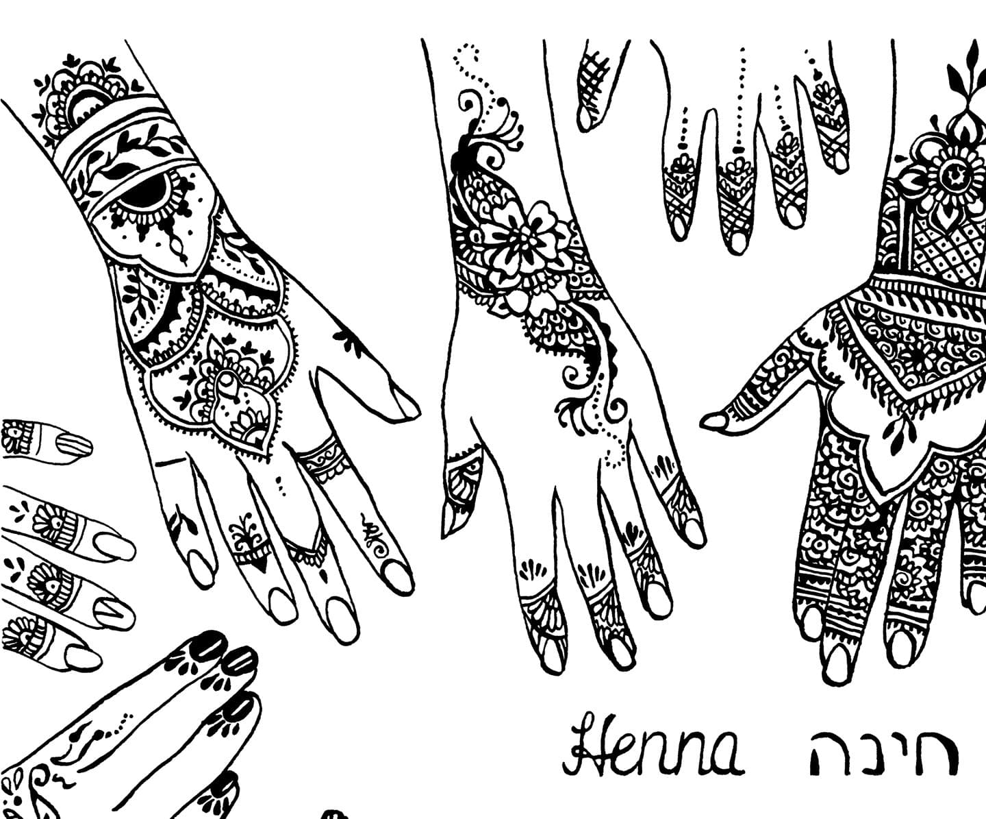 Original drawing, Henna, Gold, Bride, Woman, North Africa, Wedding, Hands, Tradition, Pattern. A3, illustration, Ink, Dip pen, 11,5x16,5 in. - image 5