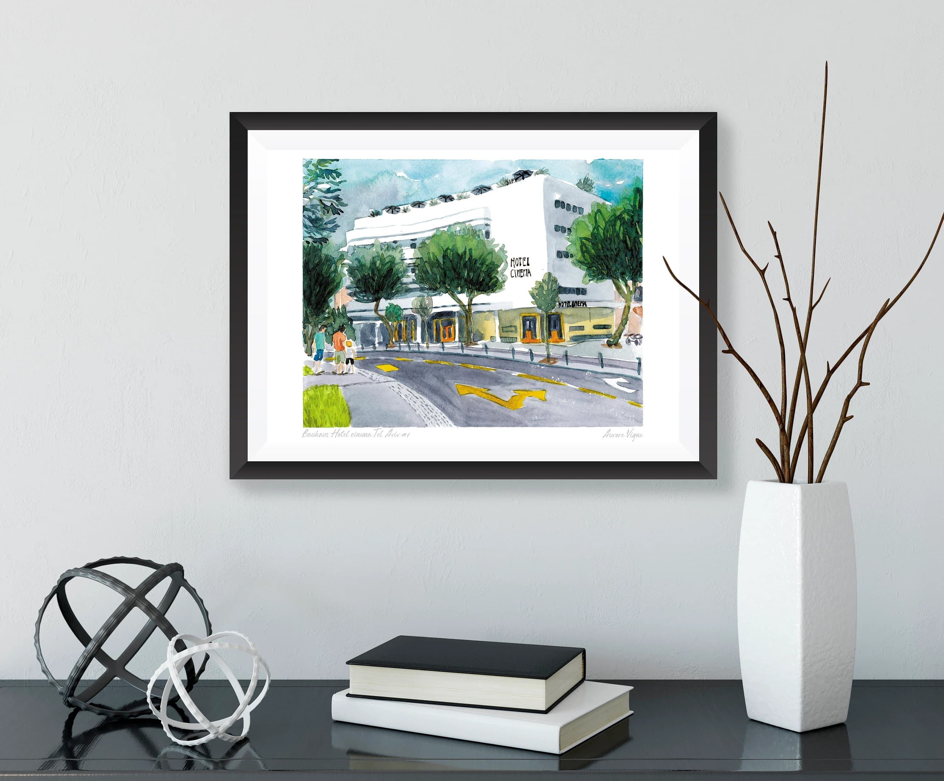 Architecture, Bauhaus, Tel Aviv, Israel, blue, White city, Dizengoff square. Watercolour. Art print, illustration, Fine art quality paper - image 3
