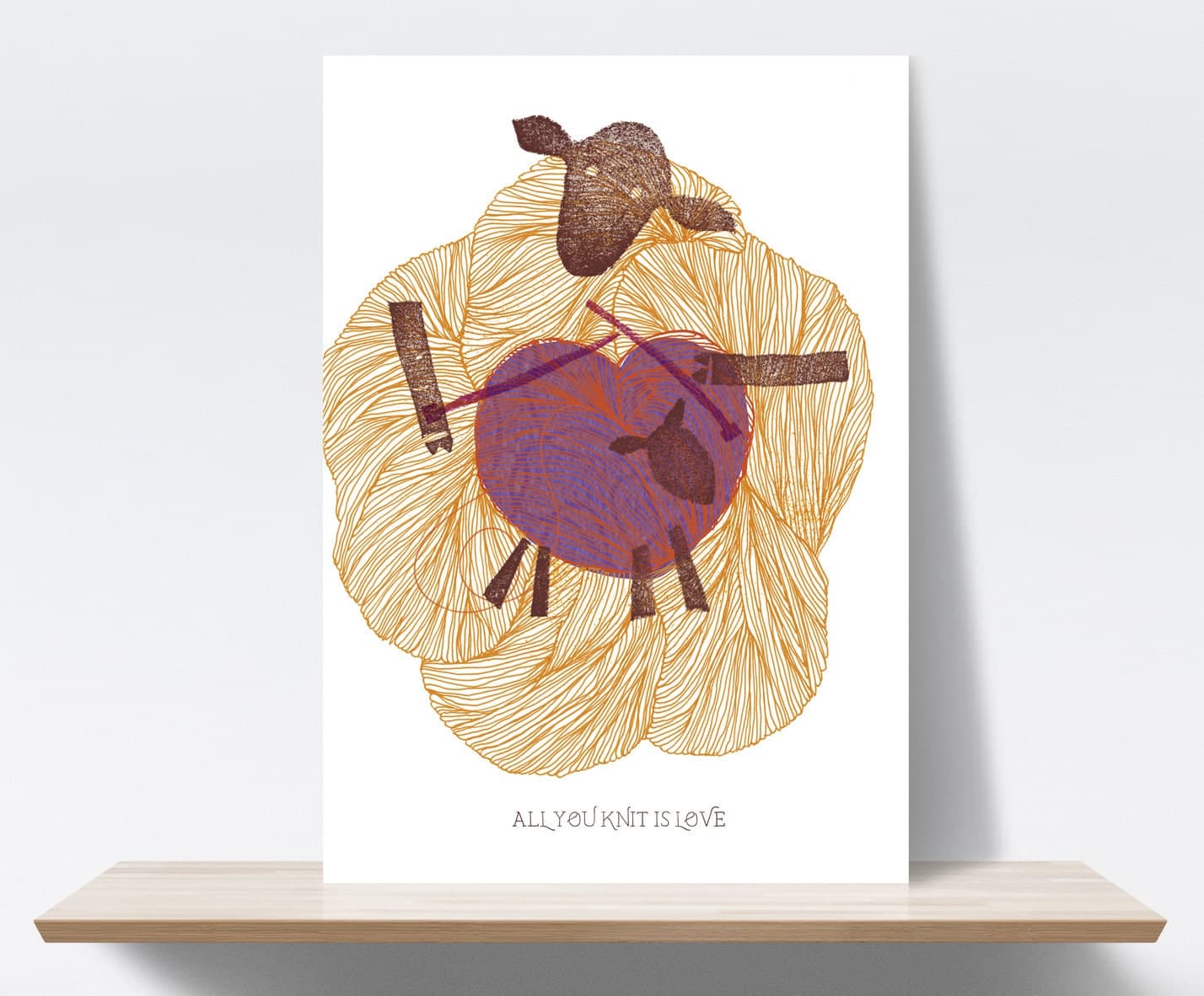 Wool, sheep, knitting, Love, All you need is love, pregnant, mother, pink, heart, baby. Ink drawing. Art print, illustration, Fine art paper