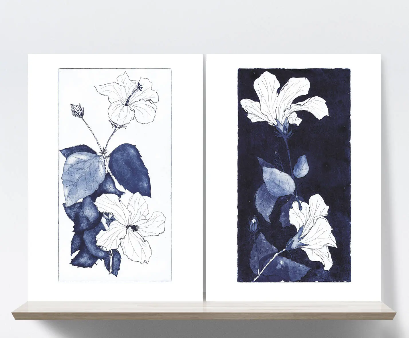Botanic art, Hibiscus, flowers, branch, leaves, Blue. Etching, aqua forte, printmaking. 2 Art prints A4. 21x30 cm, Fine art quality paper