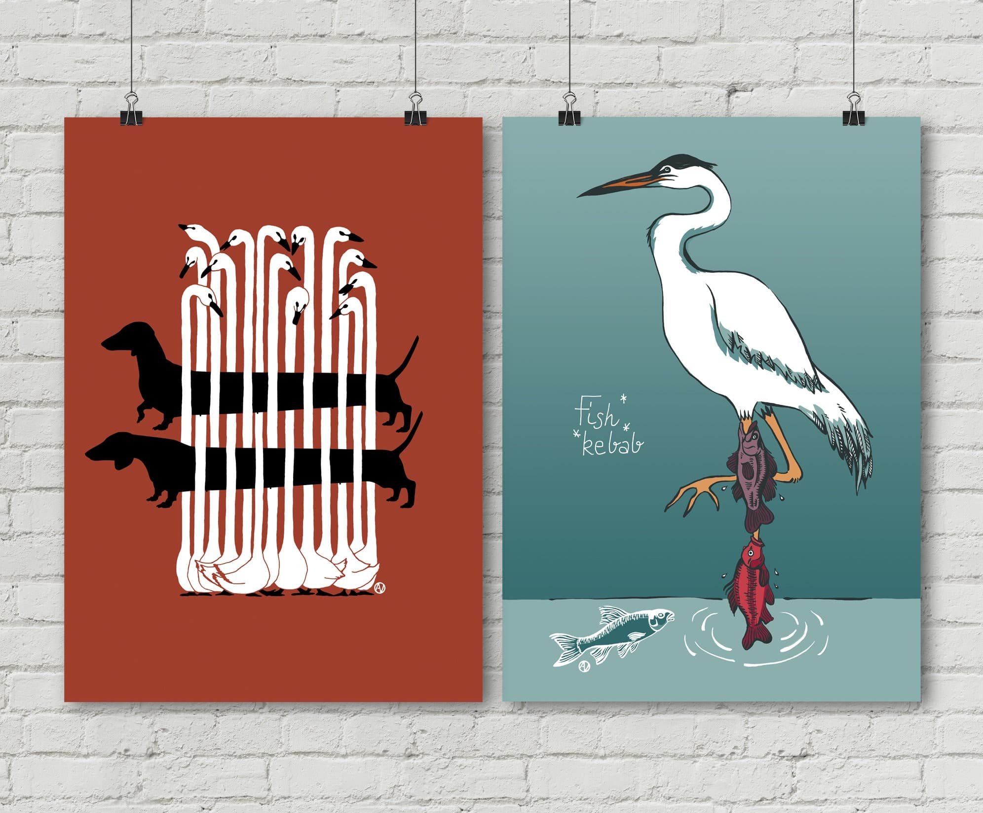 Dachshund, Egret, Goose, Bird, Dog, Heron, Green, Orange. Ink. Set of 2 Posters, 50x70 cm, art print, illustration. Digital print 130 gr.