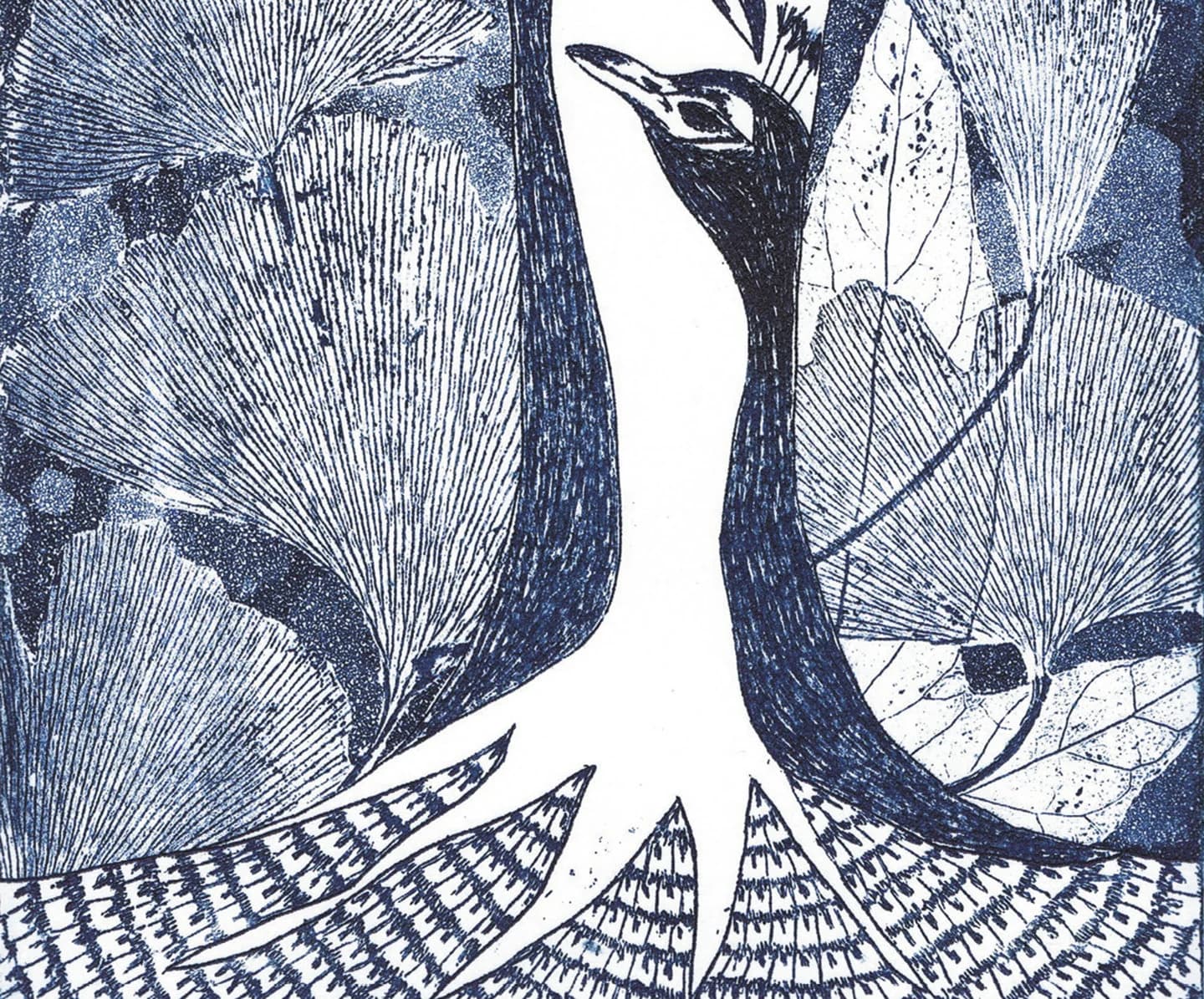 Peacock, Tree, Couple, Plumage, Feathers, Indigo, Blue. Etching, aqua forte, printmaking. Art print A4. 21x30 cm, Fine art quality paper - image 4