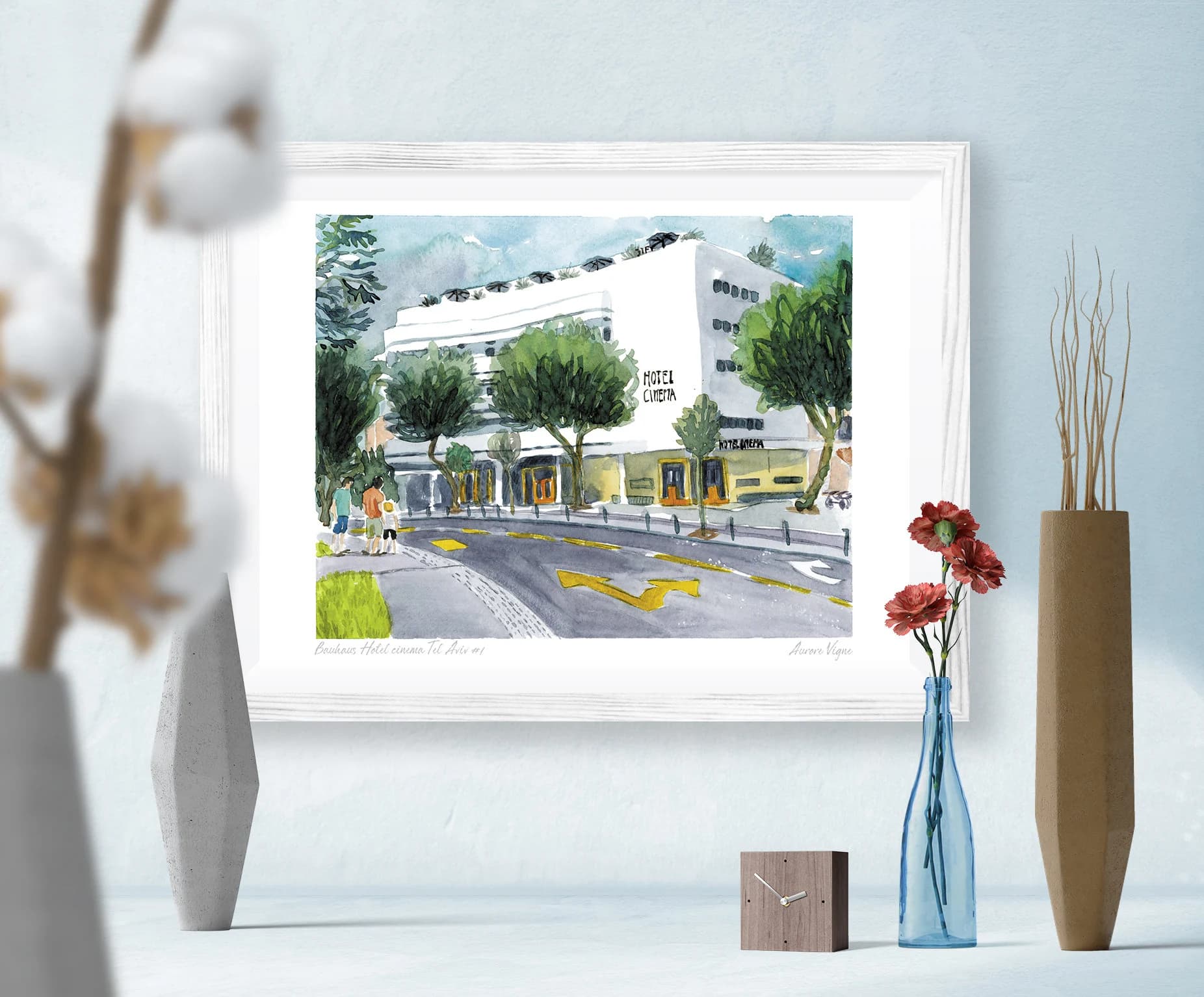 Architecture, Bauhaus, Tel Aviv, Israel, blue, White city, Dizengoff square. Watercolour. Art print, illustration, Fine art quality paper - image 4