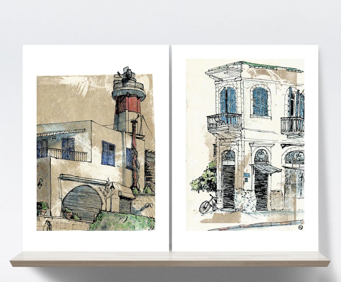 Israel, Yafo, Old city, Jaffa, Light house. Ink, etching, watercolour. Art print A4, illustration. 21x30 cm, Fine art textured paper 300 gr.