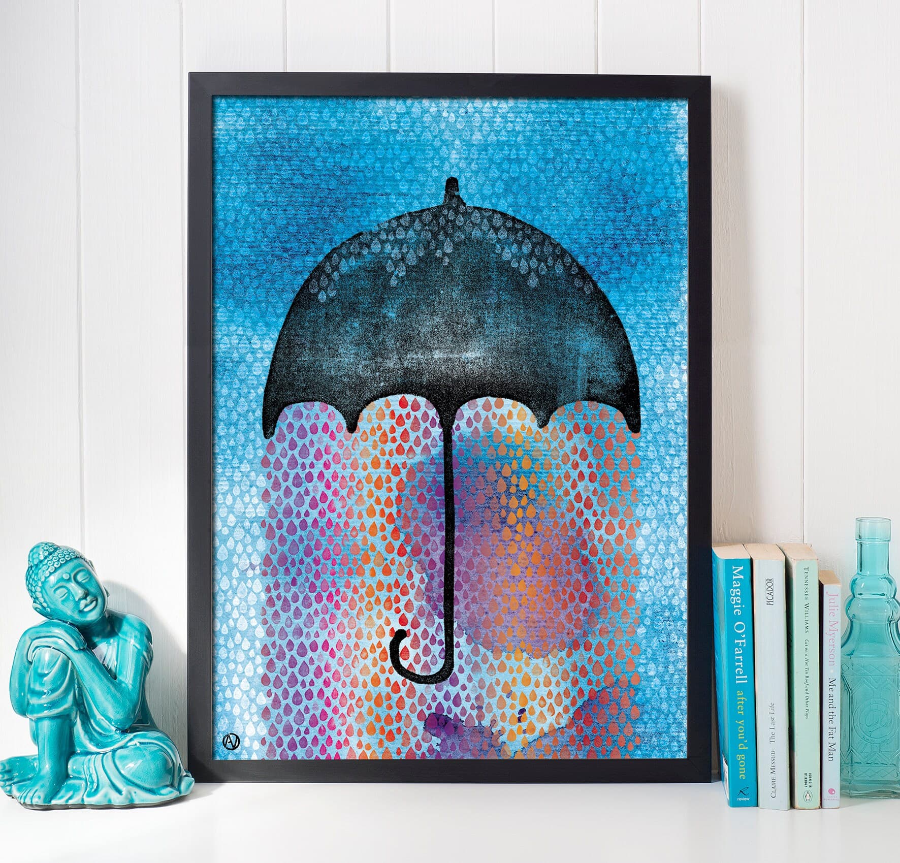 Umbrella, rain, drops, rainbow, sky, blue, black, stamps, watercolour. Art print A4, illustration. 21x30 cm, Fine art museum quality paper - image 3
